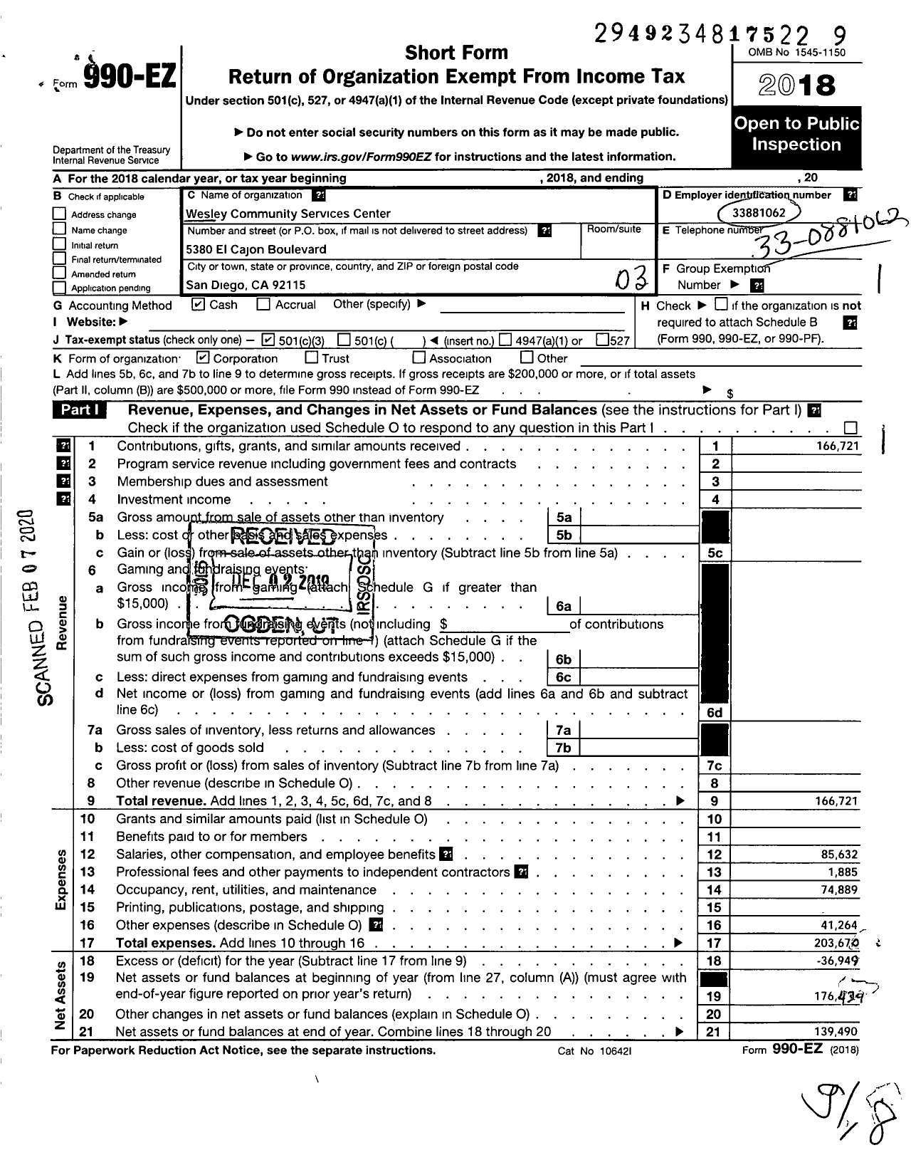 Image of first page of 2018 Form 990EZ for Wesley Community Services Center