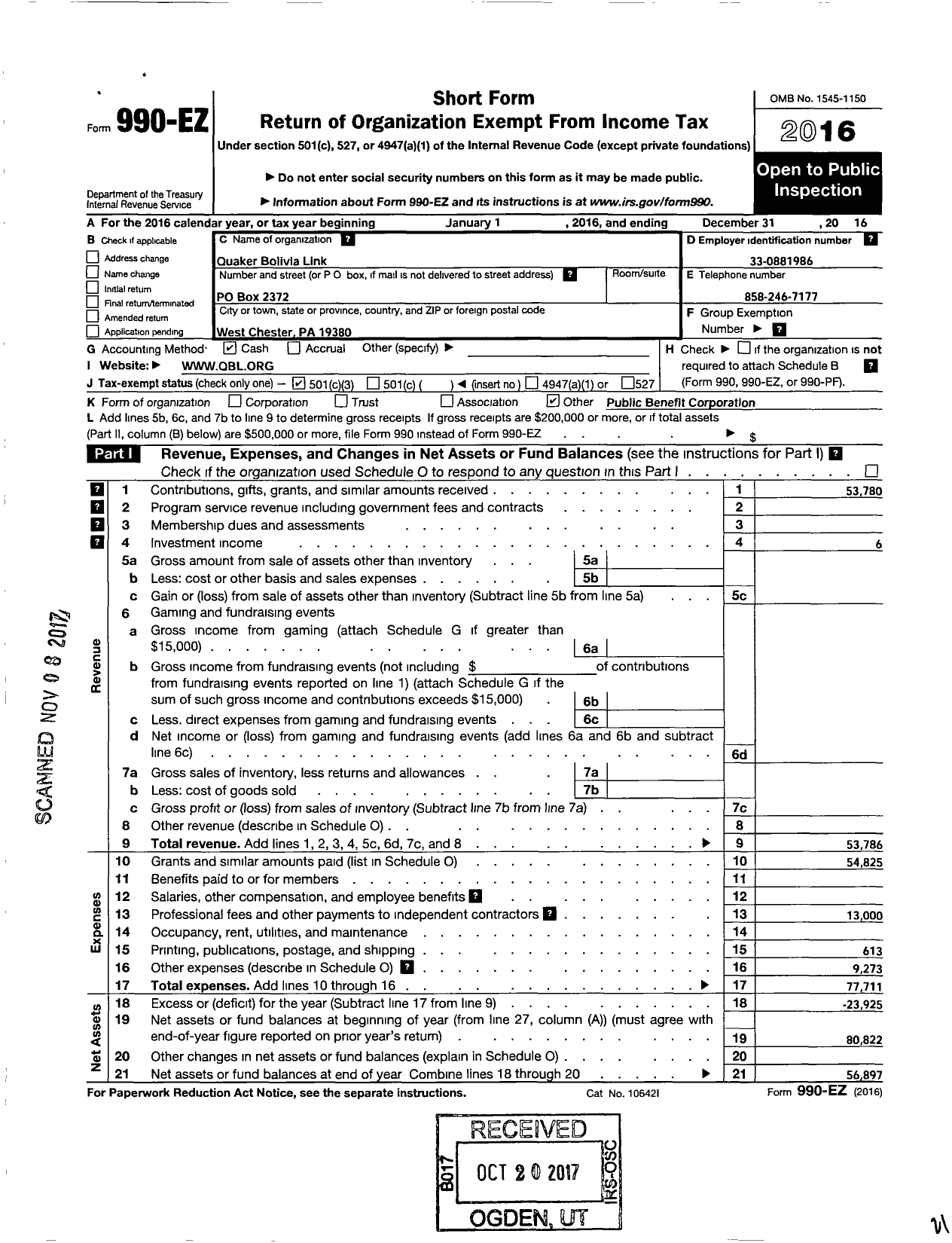 Image of first page of 2016 Form 990EZ for Quaker Bolivia Link