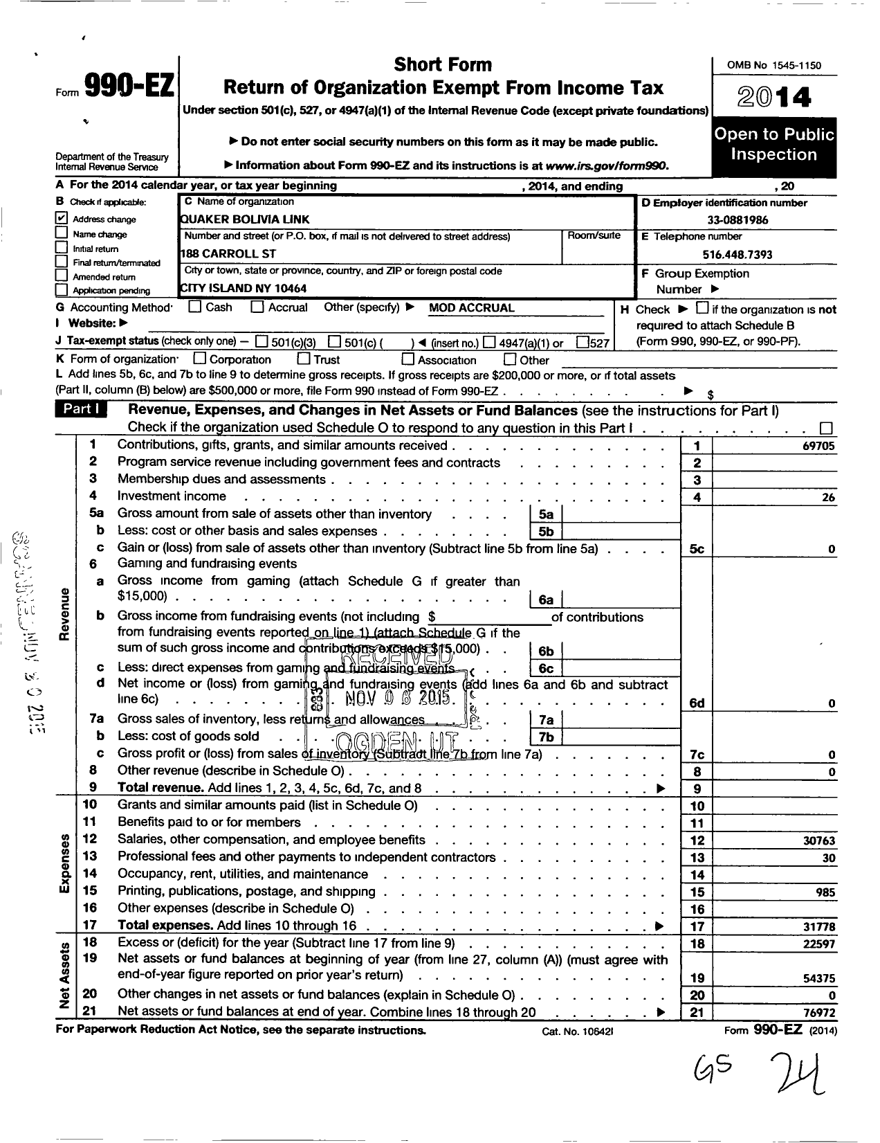 Image of first page of 2014 Form 990EO for Quaker Bolivia Link