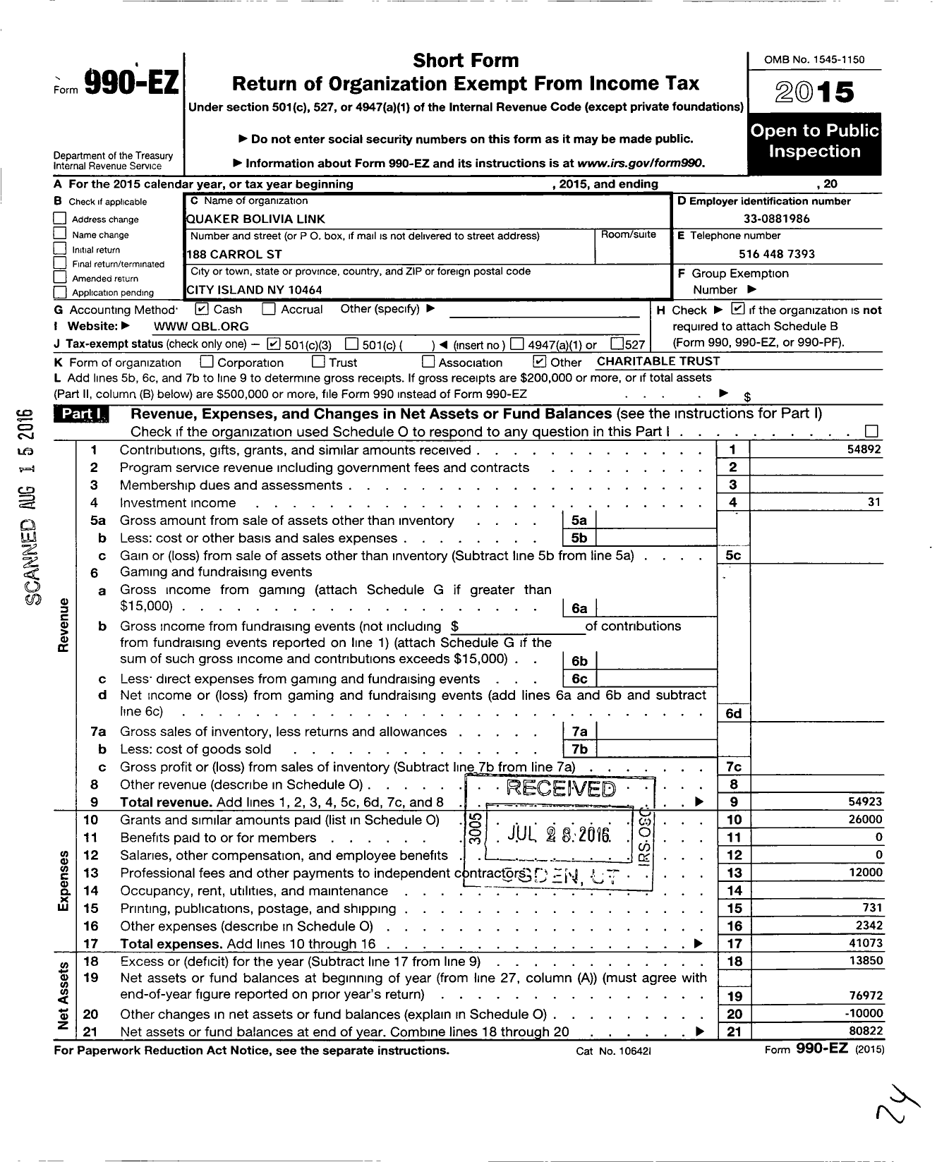 Image of first page of 2015 Form 990EZ for Quaker Bolivia Link