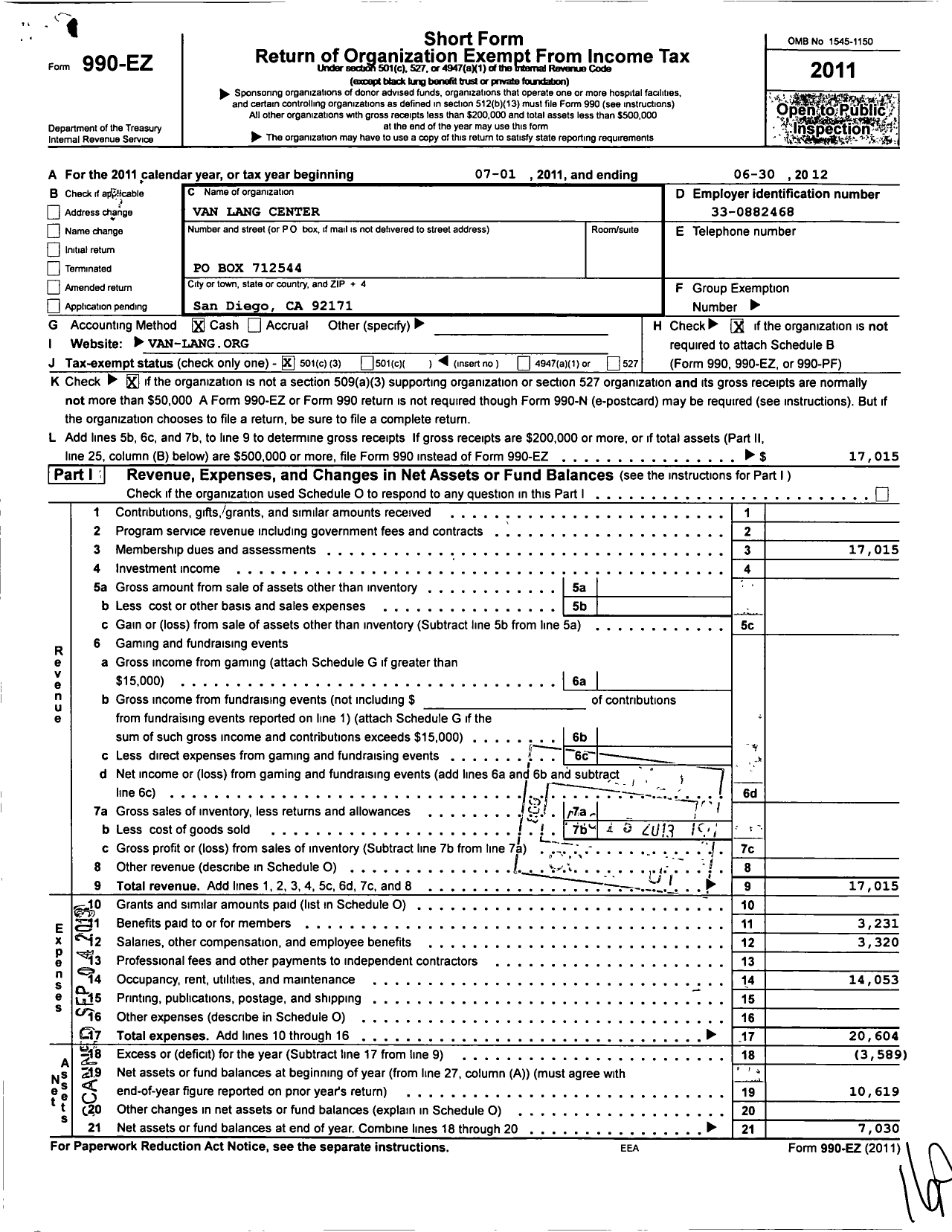 Image of first page of 2011 Form 990EZ for Van Lang Center