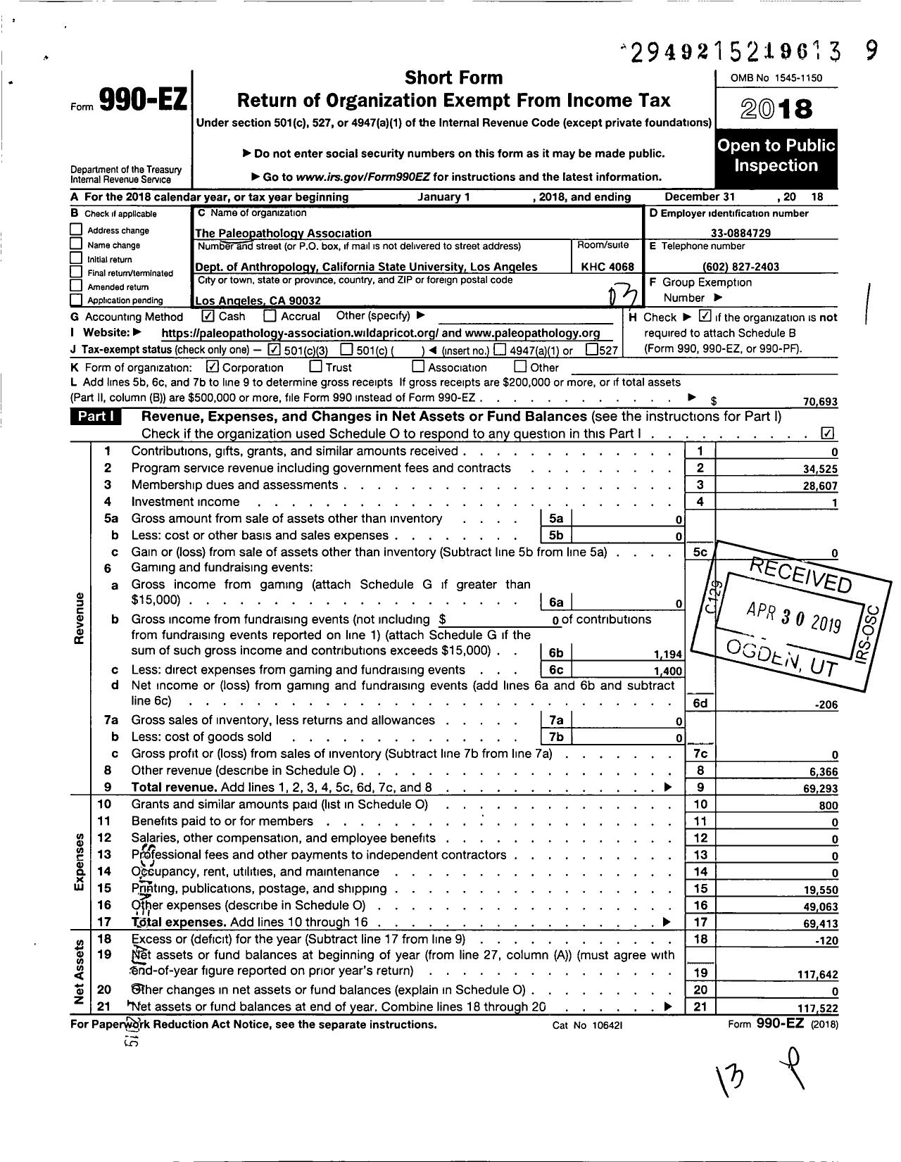 Image of first page of 2018 Form 990EZ for Paleopathology Association