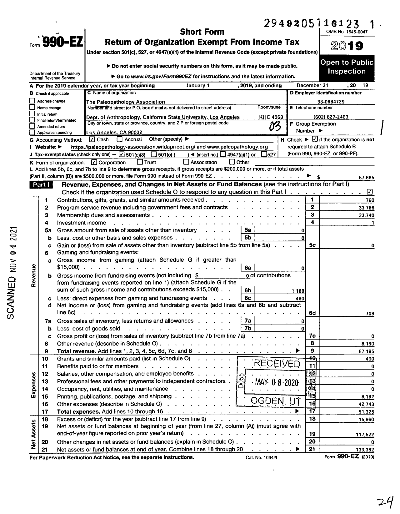 Image of first page of 2019 Form 990EZ for Paleopathology Association