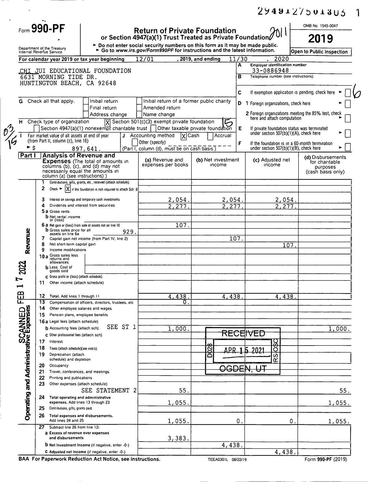 Image of first page of 2019 Form 990PF for Chi Jui Educational Foundation