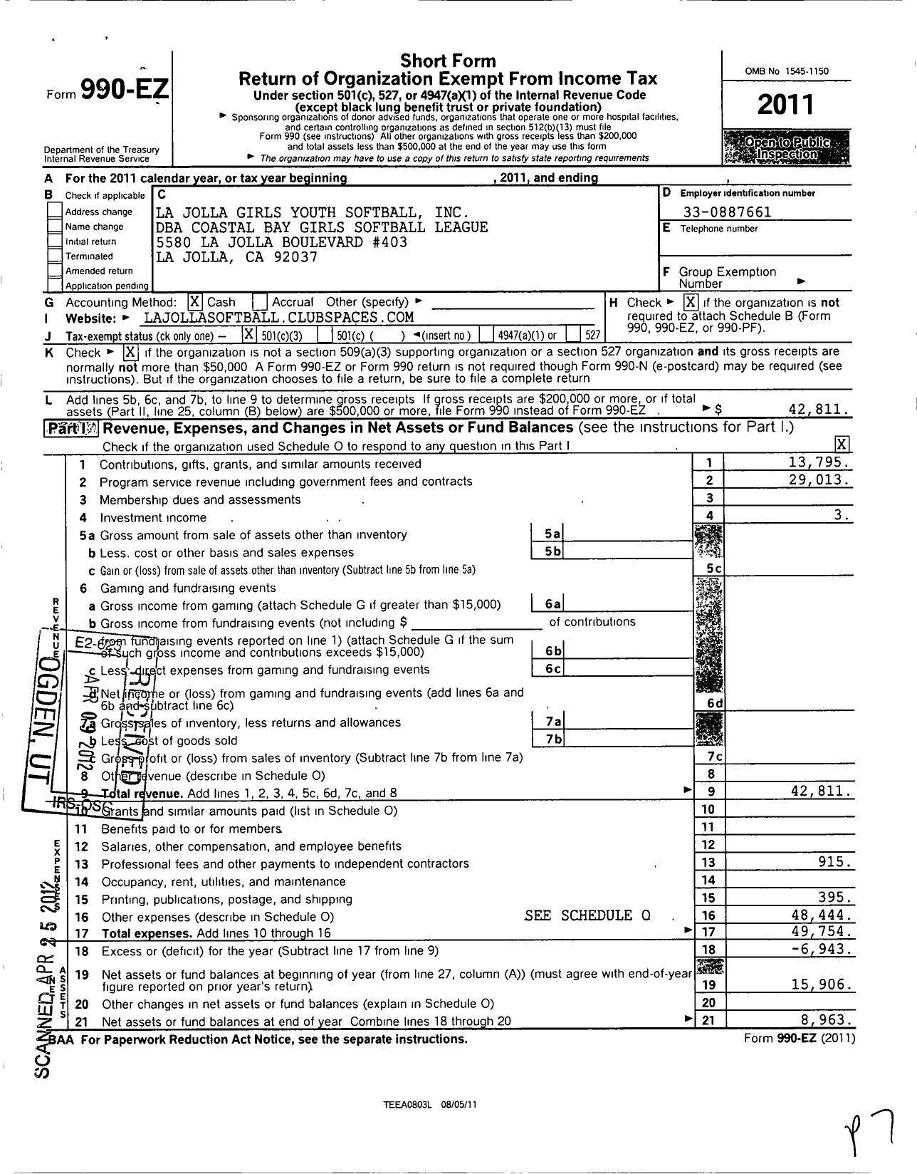 Image of first page of 2011 Form 990EZ for Coastal Bay Girls Softball League