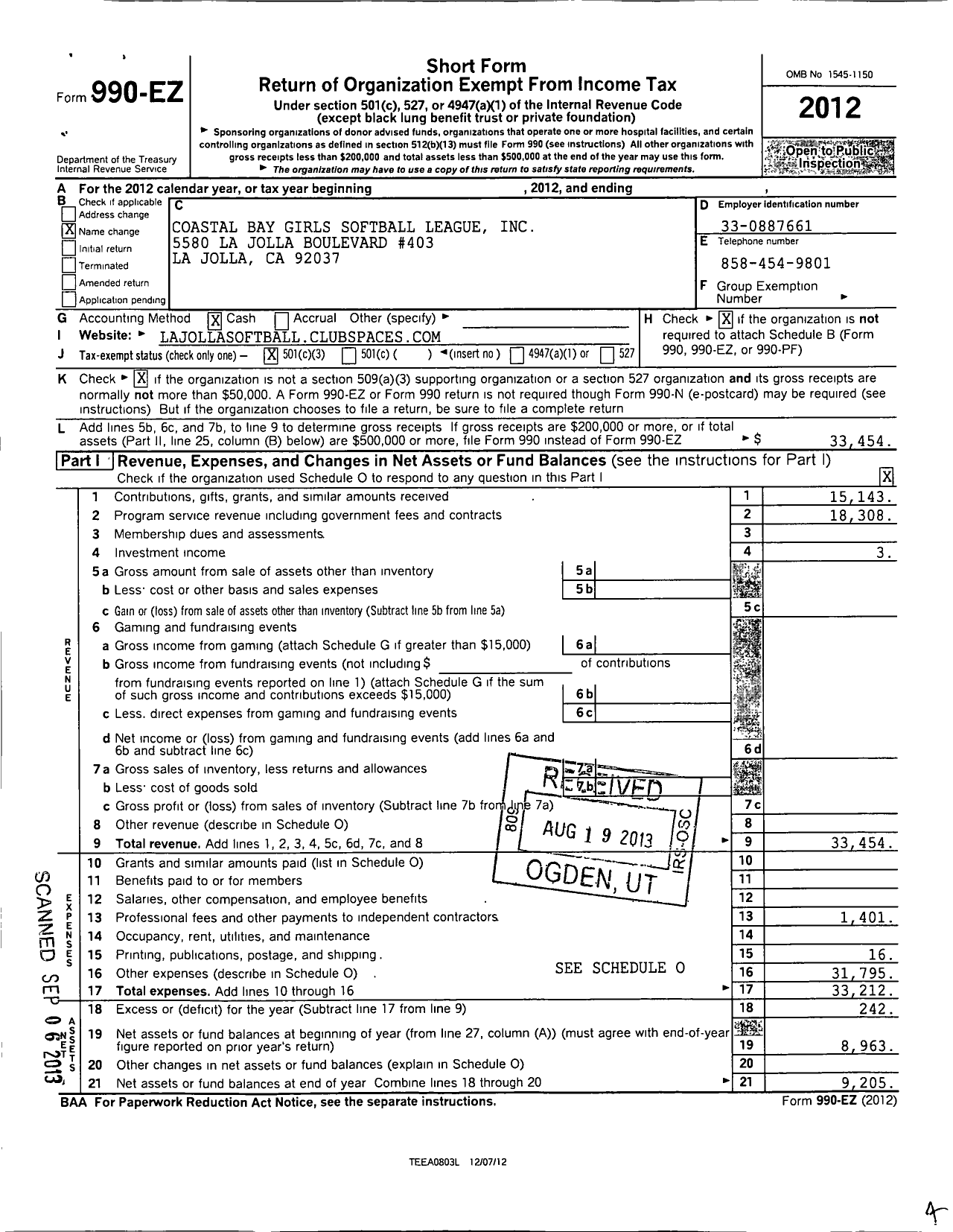 Image of first page of 2012 Form 990EZ for Coastal Bay Girls Softball League