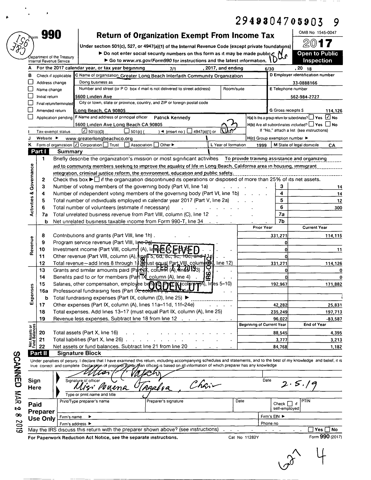 Image of first page of 2017 Form 990 for Greater Long Beach Interfaith Community Organization