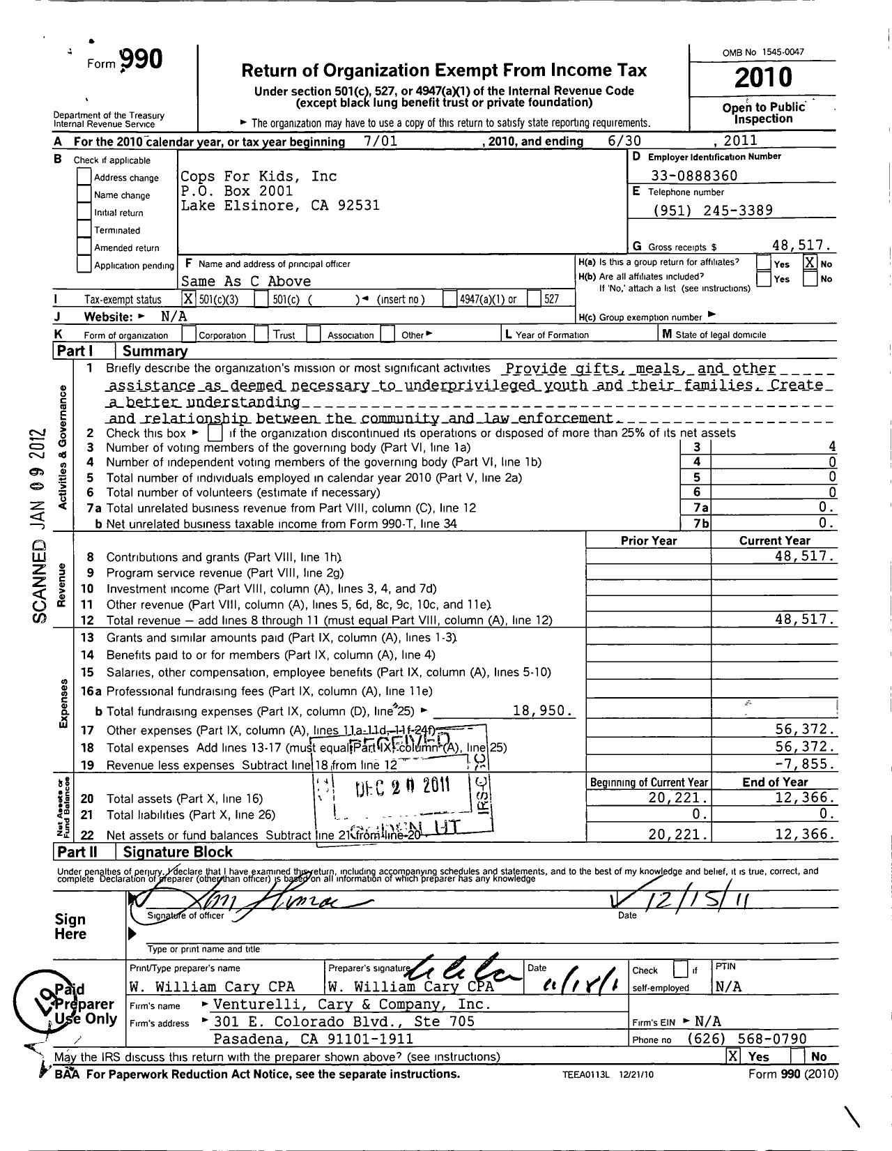 Image of first page of 2010 Form 990 for Cops for Kids