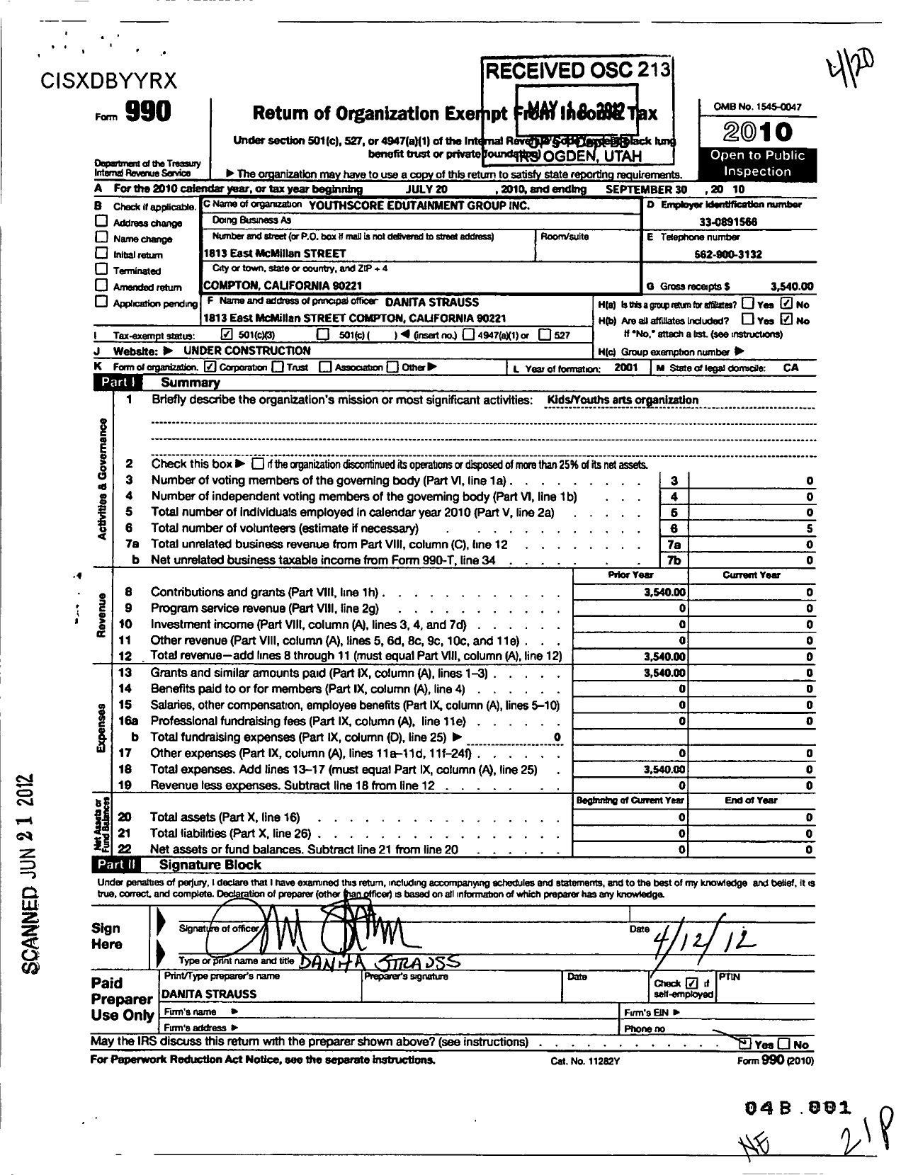 Image of first page of 2009 Form 990 for Youth and Kidscore 2