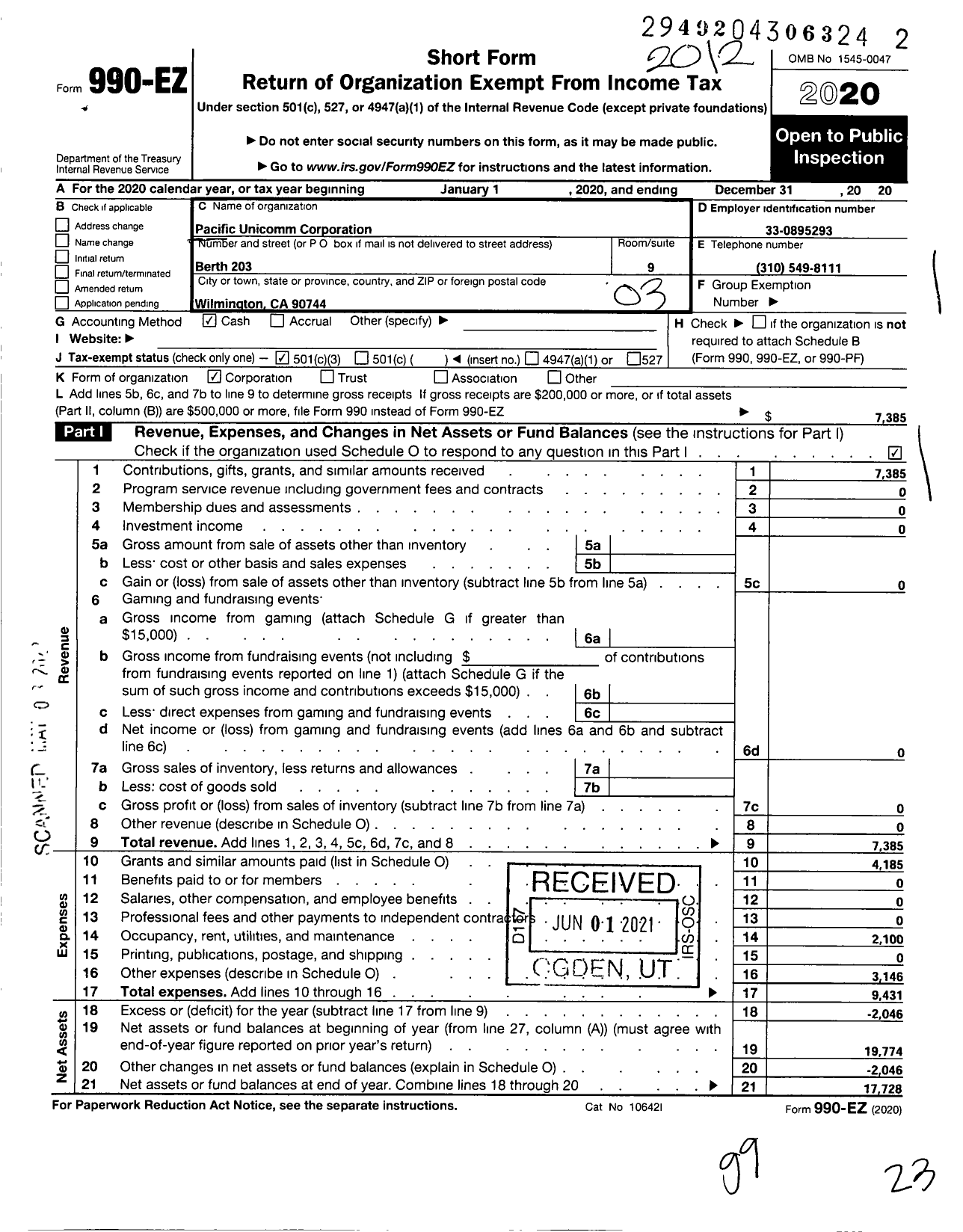 Image of first page of 2020 Form 990EZ for Pacific Unicomm Corporation