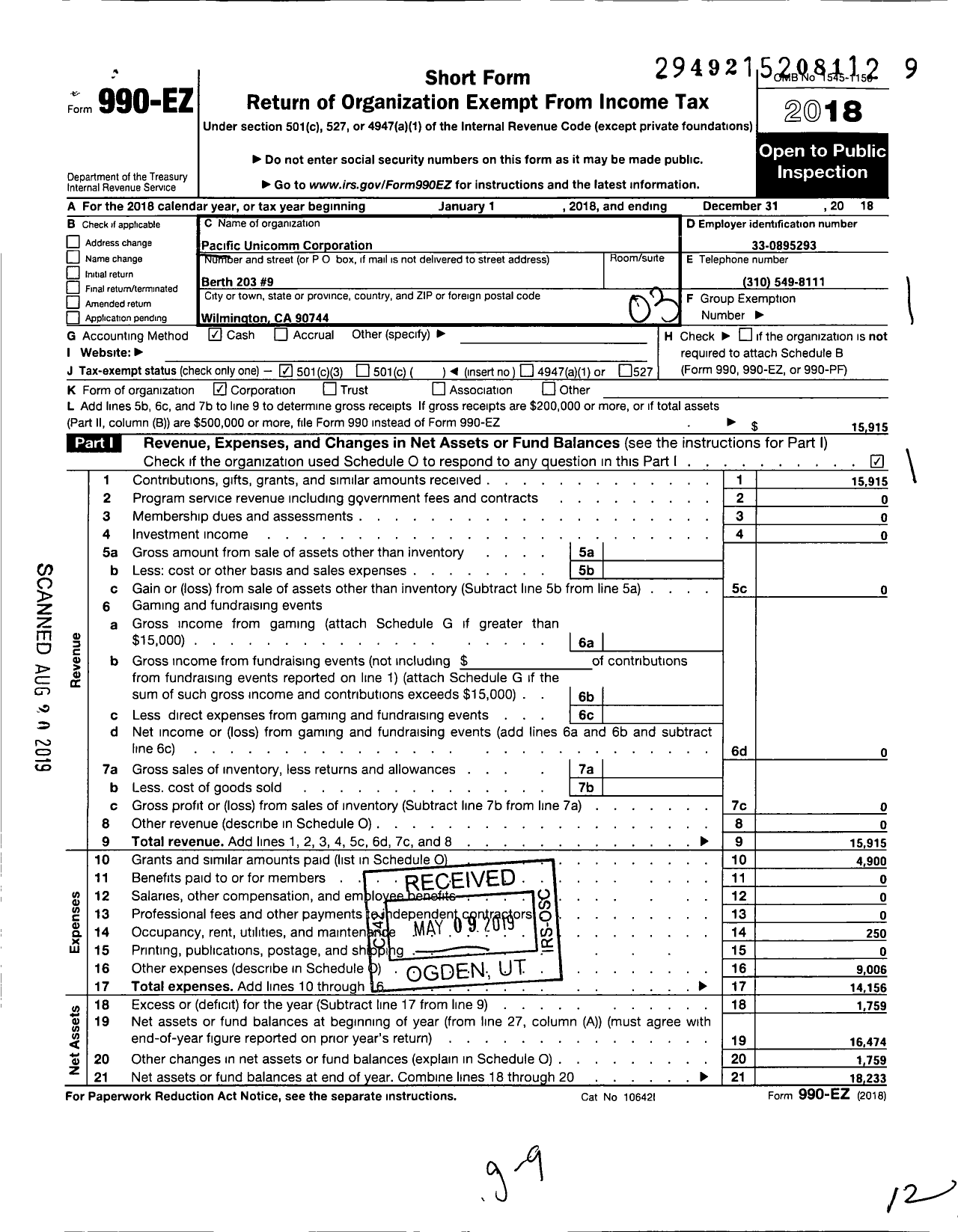 Image of first page of 2018 Form 990EZ for Pacific Unicomm Corporation