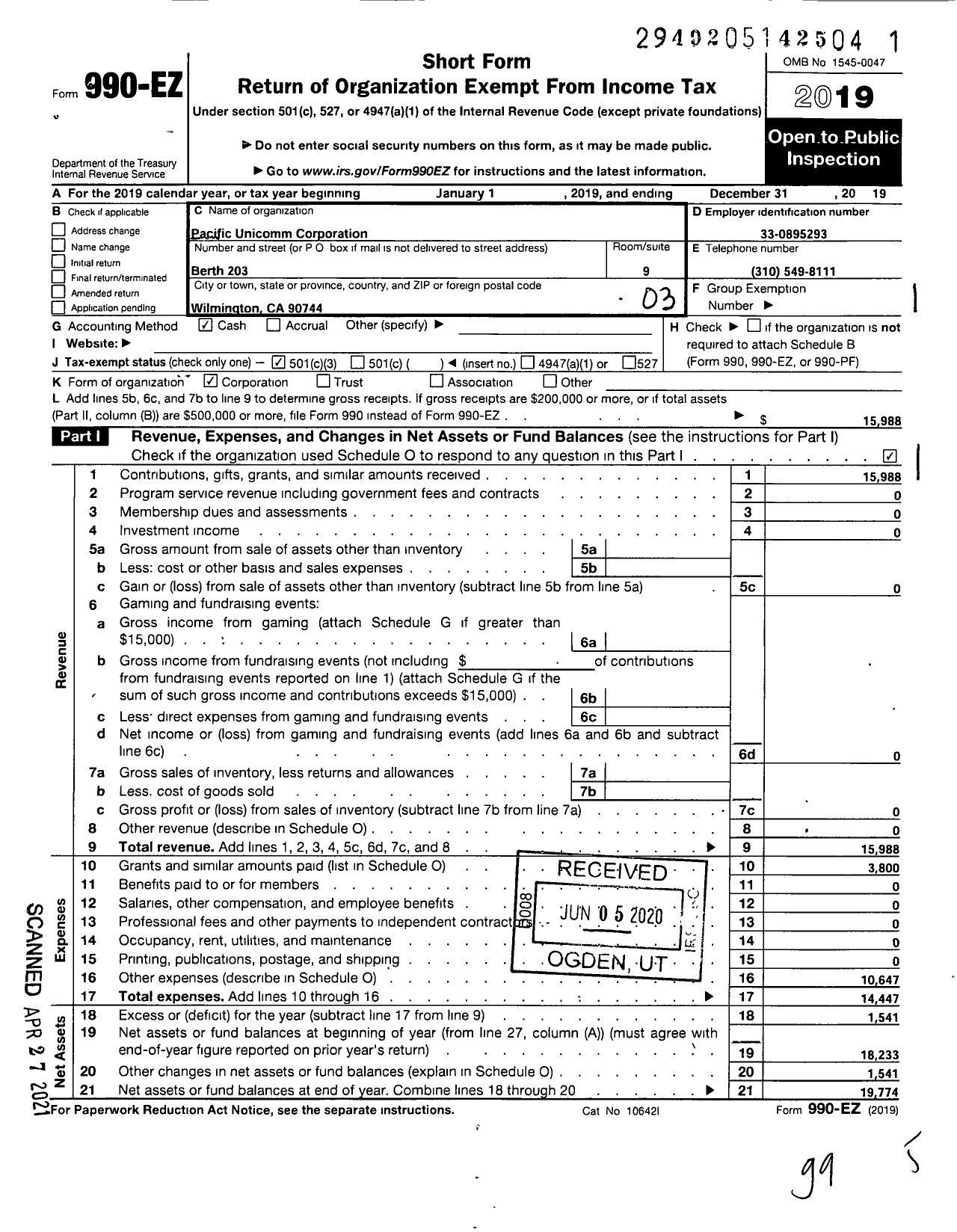 Image of first page of 2019 Form 990EZ for Pacific Unicomm Corporation