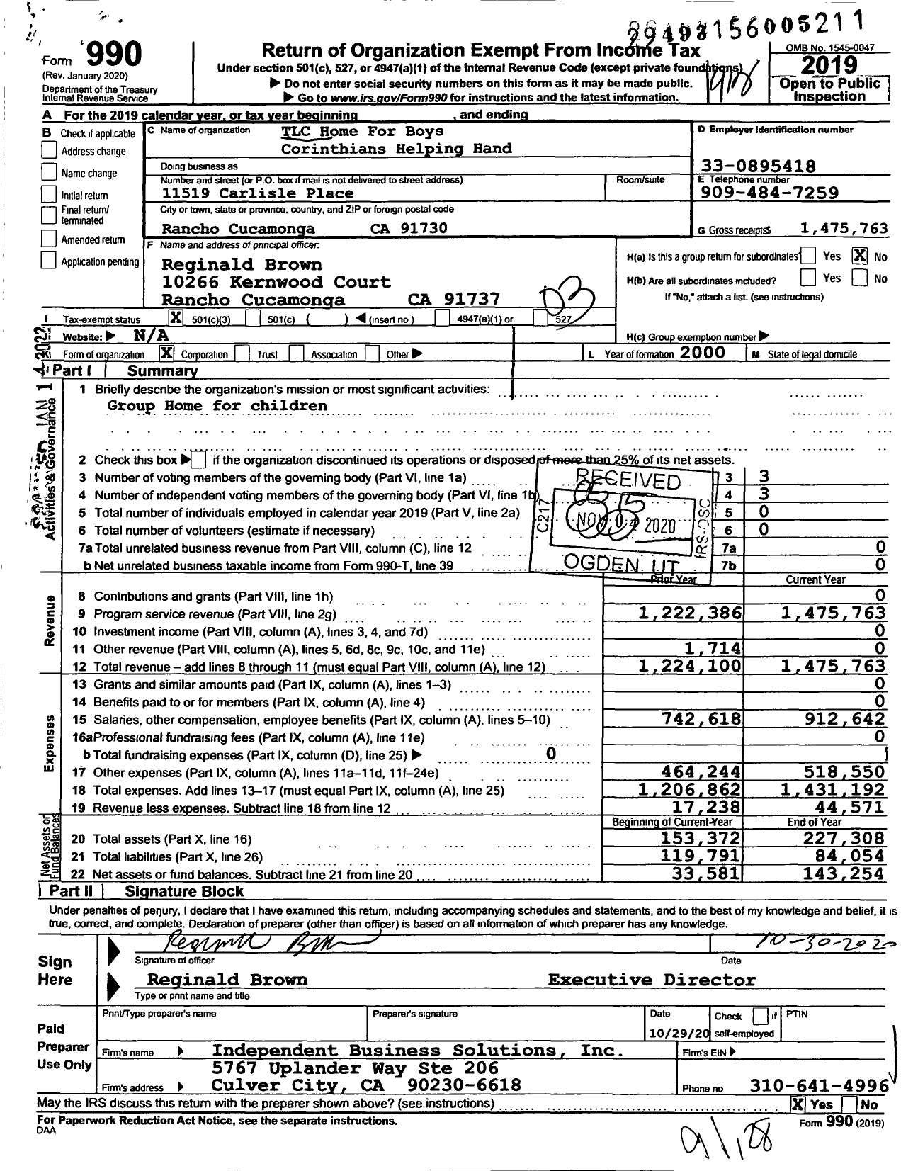 Image of first page of 2019 Form 990 for Tender Loving Care Home for Boys