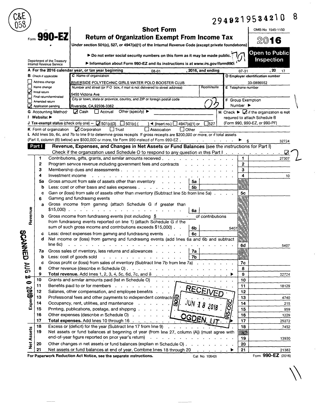 Image of first page of 2016 Form 990EZ for Riverside Polytechnic Girls Water Polo Booster Club