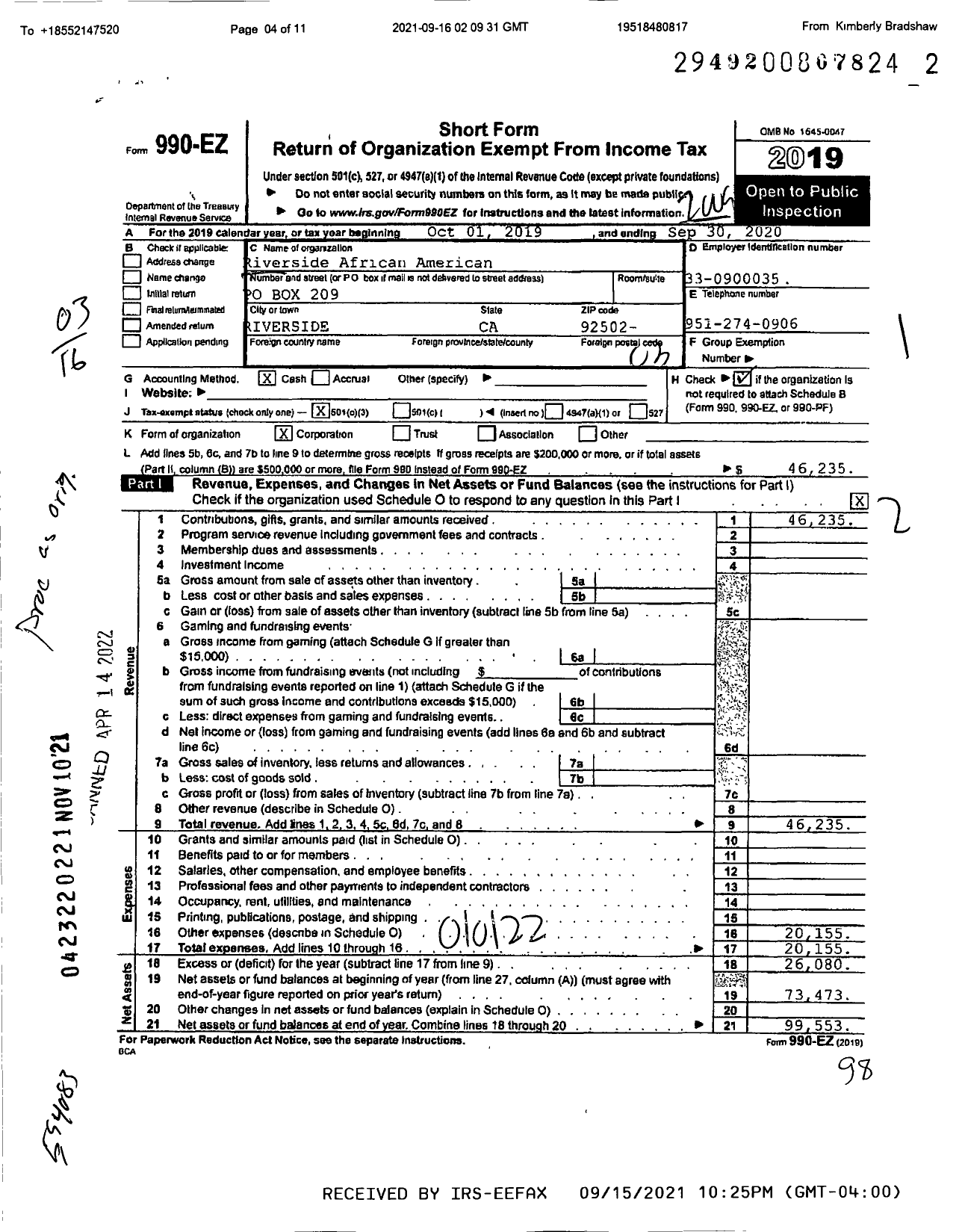 Image of first page of 2019 Form 990EZ for Riverside African American Historical Society