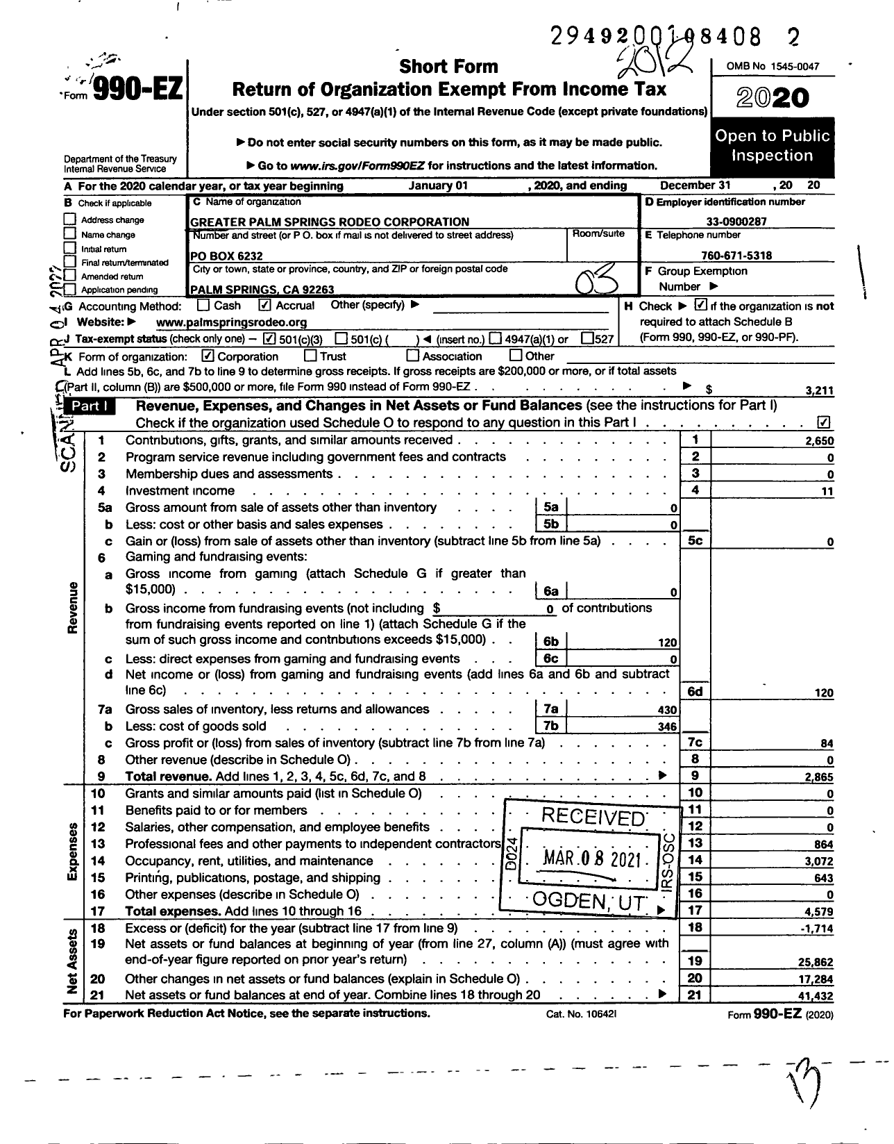 Image of first page of 2020 Form 990EZ for Greater Palm Springs Rodeo Corporation