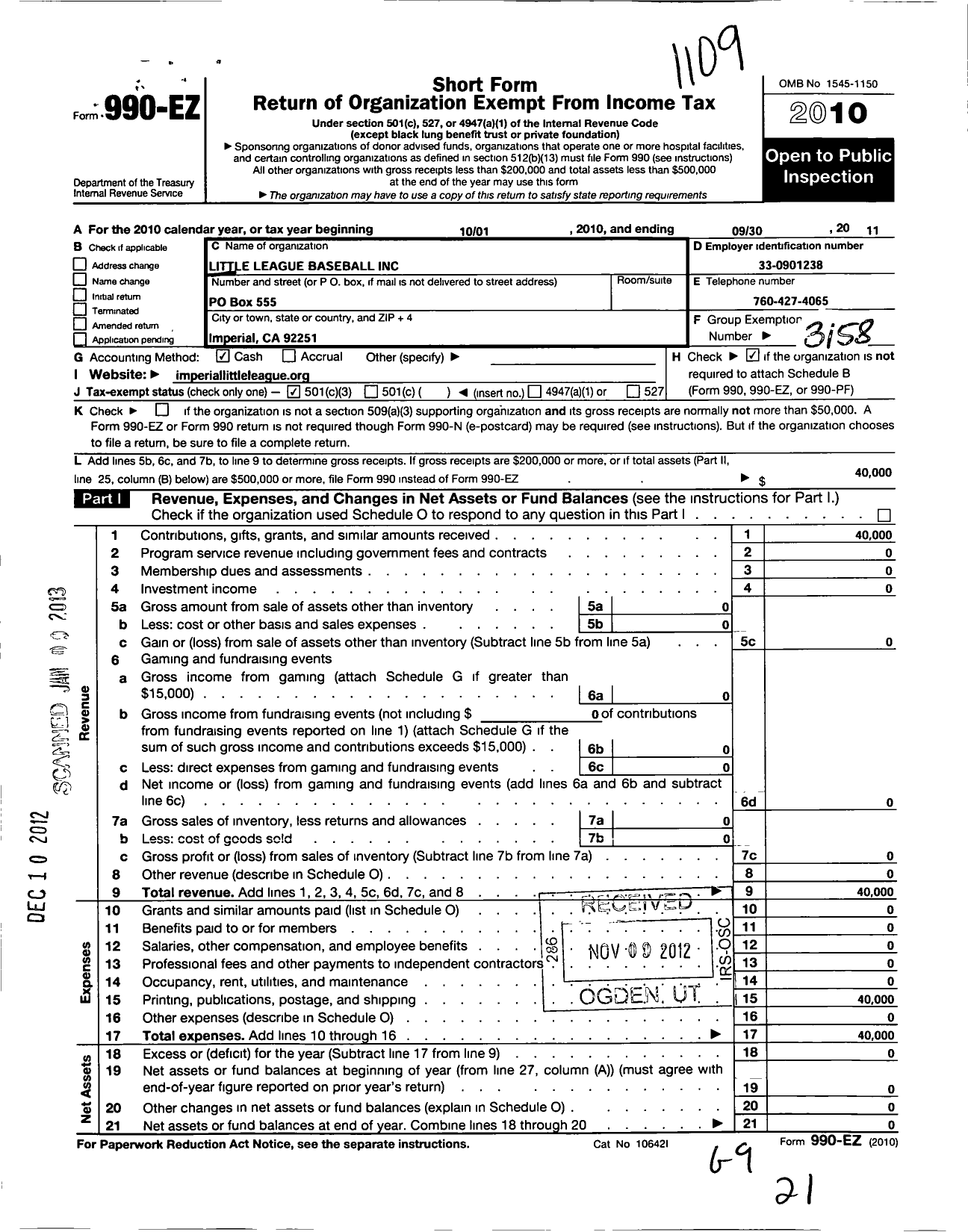 Image of first page of 2010 Form 990EZ for Little League Baseball - 4052208 Imperial LL