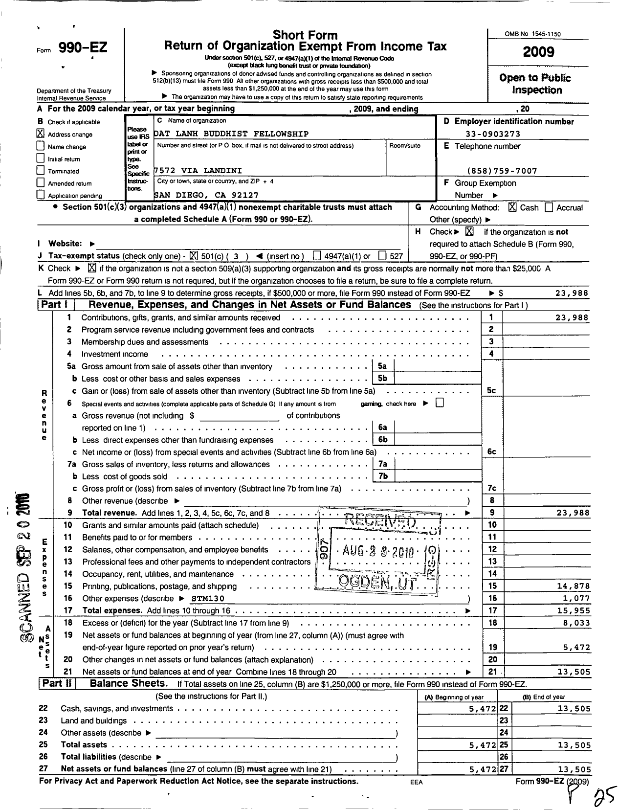 Image of first page of 2009 Form 990EZ for Dat Lanh Buddhist Fellowship