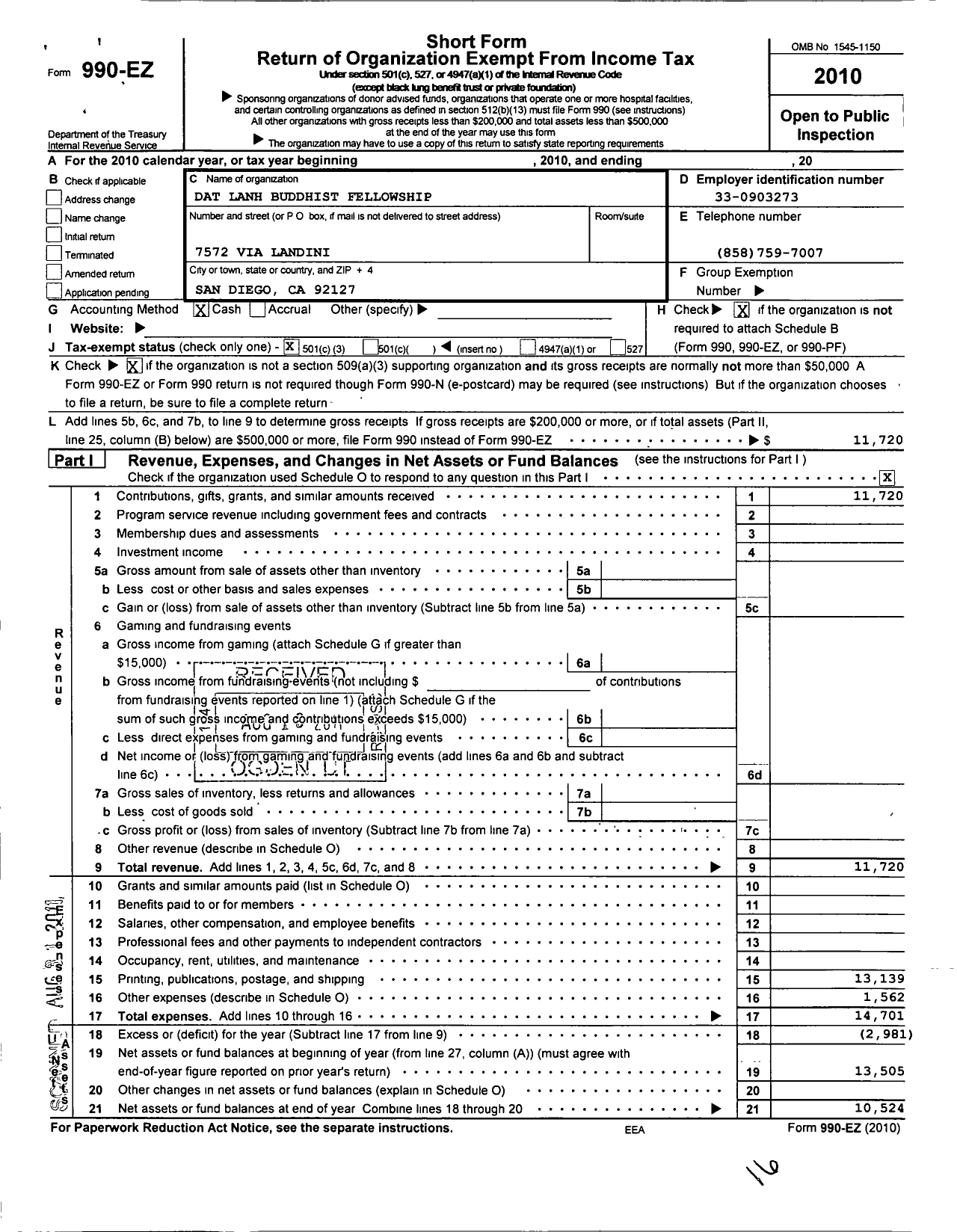 Image of first page of 2010 Form 990EZ for Dat Lanh Buddhist Fellowship