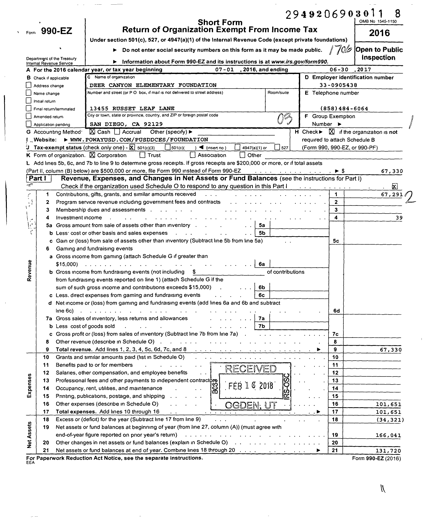 Image of first page of 2016 Form 990EZ for Deer Canyon Elementary Parent Staff Organization