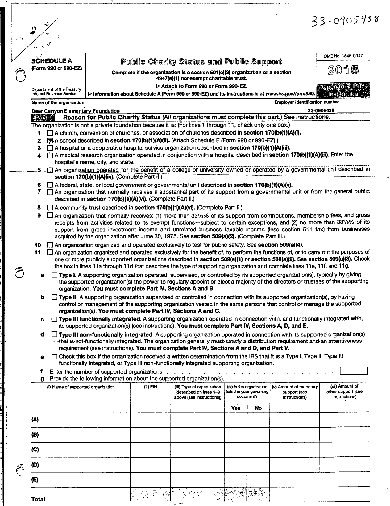 Image of first page of 2015 Form 990ER for Deer Canyon Elementary Parent Staff Organization