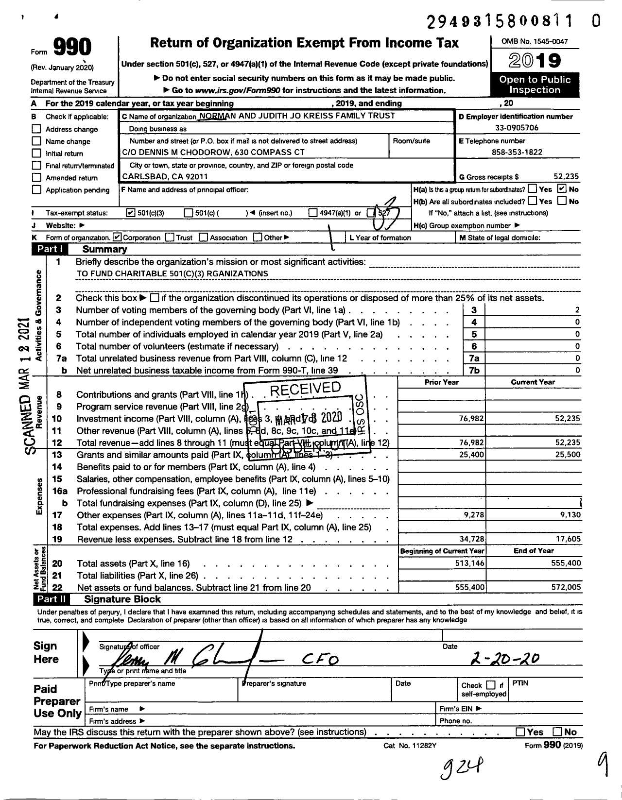 Image of first page of 2019 Form 990 for Norman and Judith Jo Kreiss Family Foundation