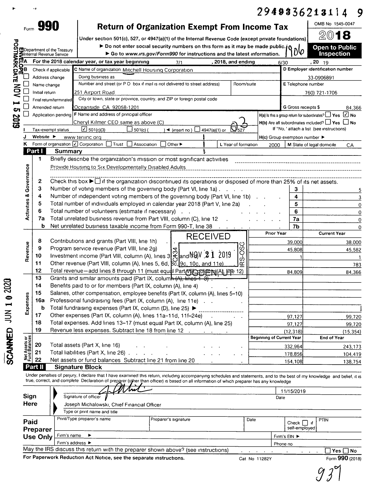 Image of first page of 2018 Form 990 for Mitchell Housing Corporation