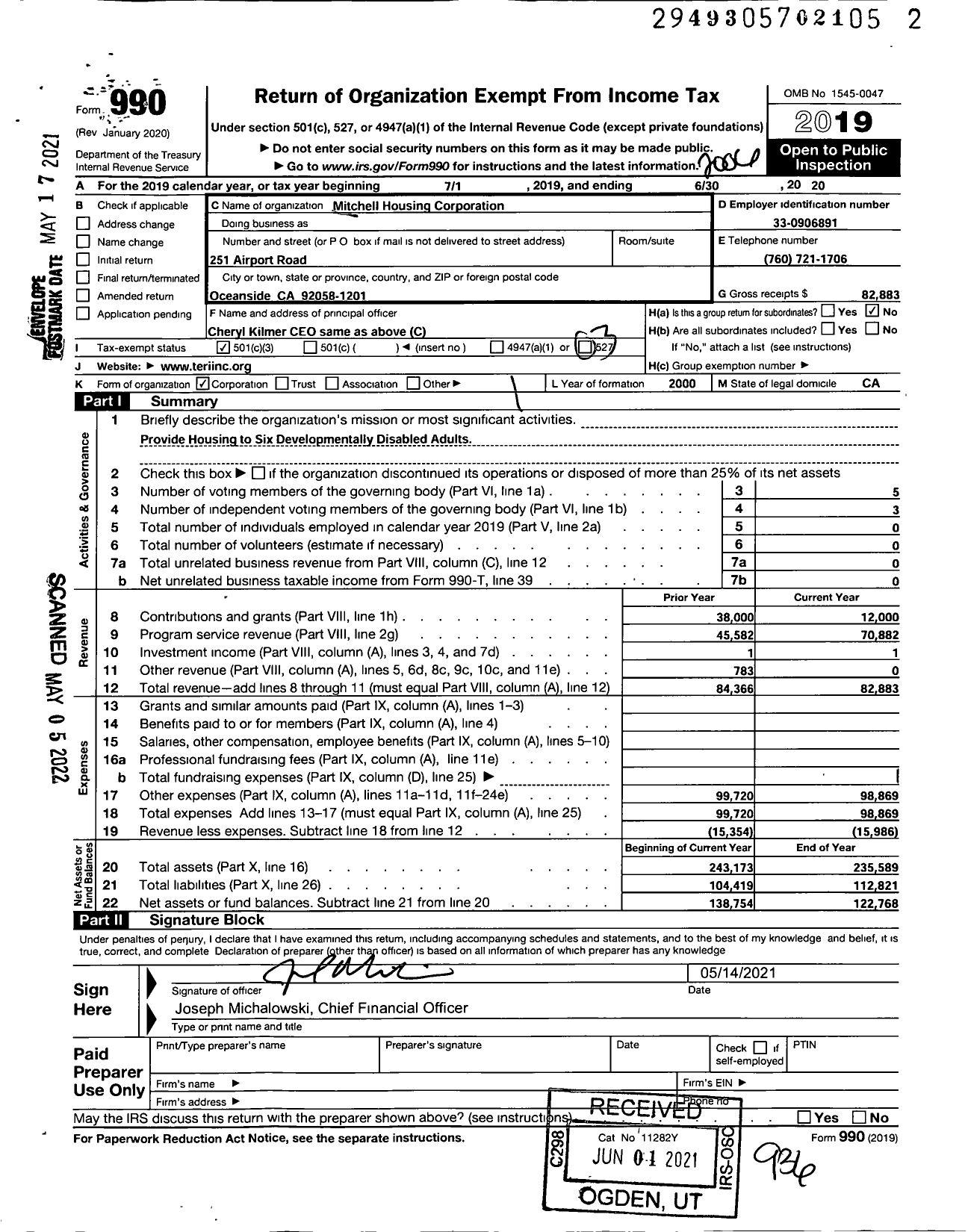 Image of first page of 2019 Form 990 for Mitchell Housing Corporation