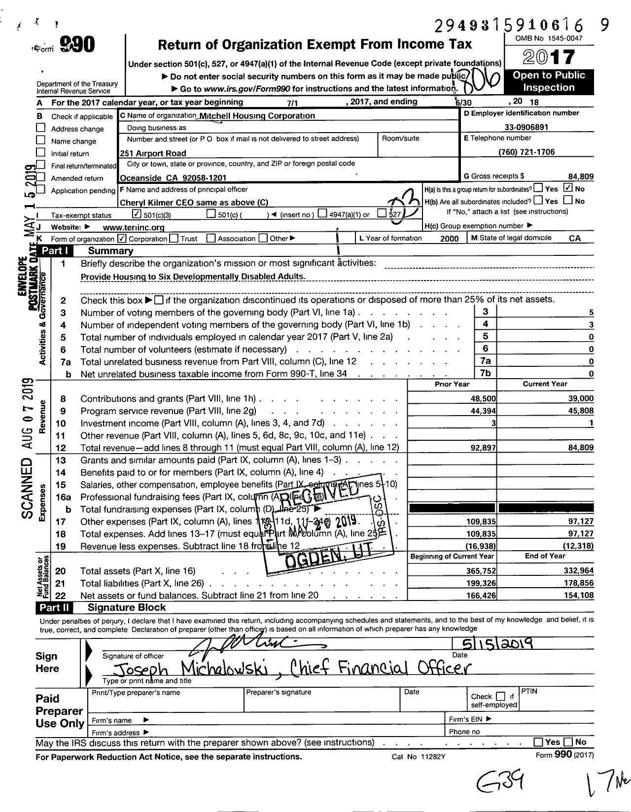 Image of first page of 2017 Form 990 for Mitchell Housing Corporation