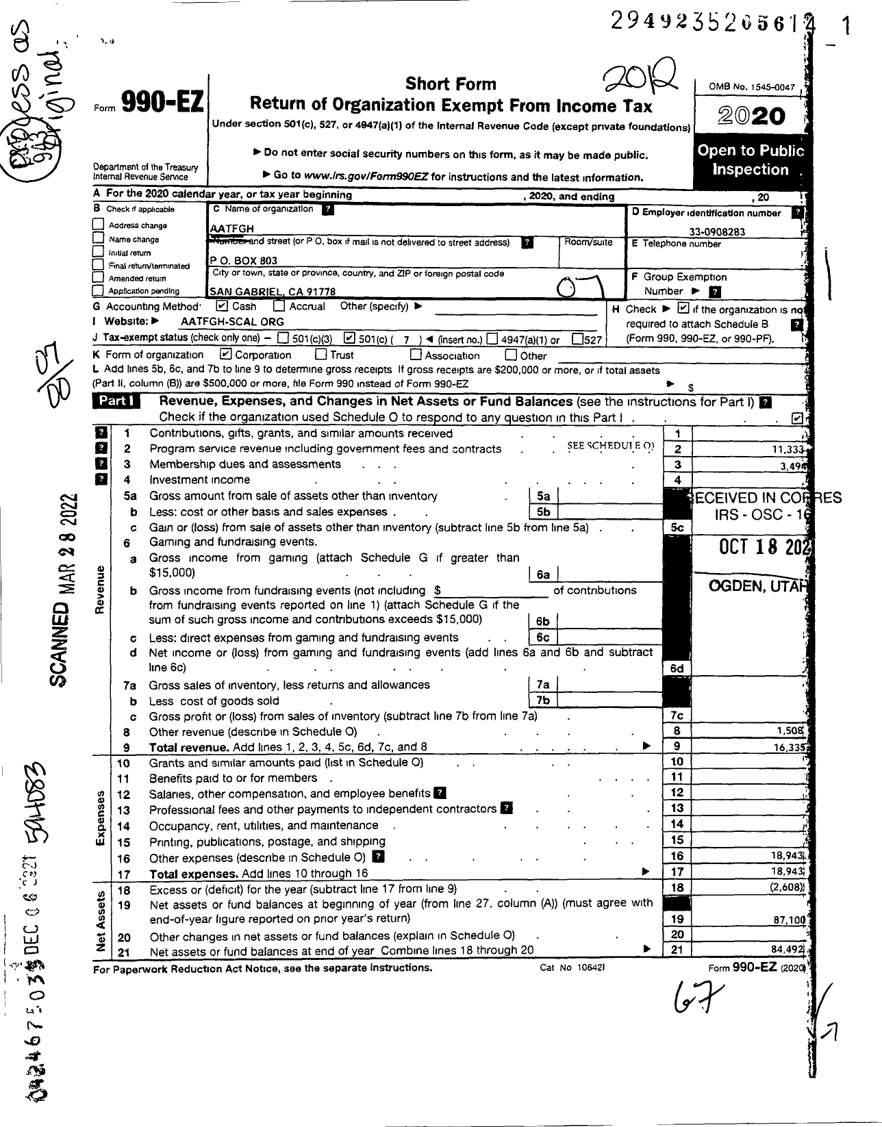 Image of first page of 2020 Form 990EO for Aatfgh