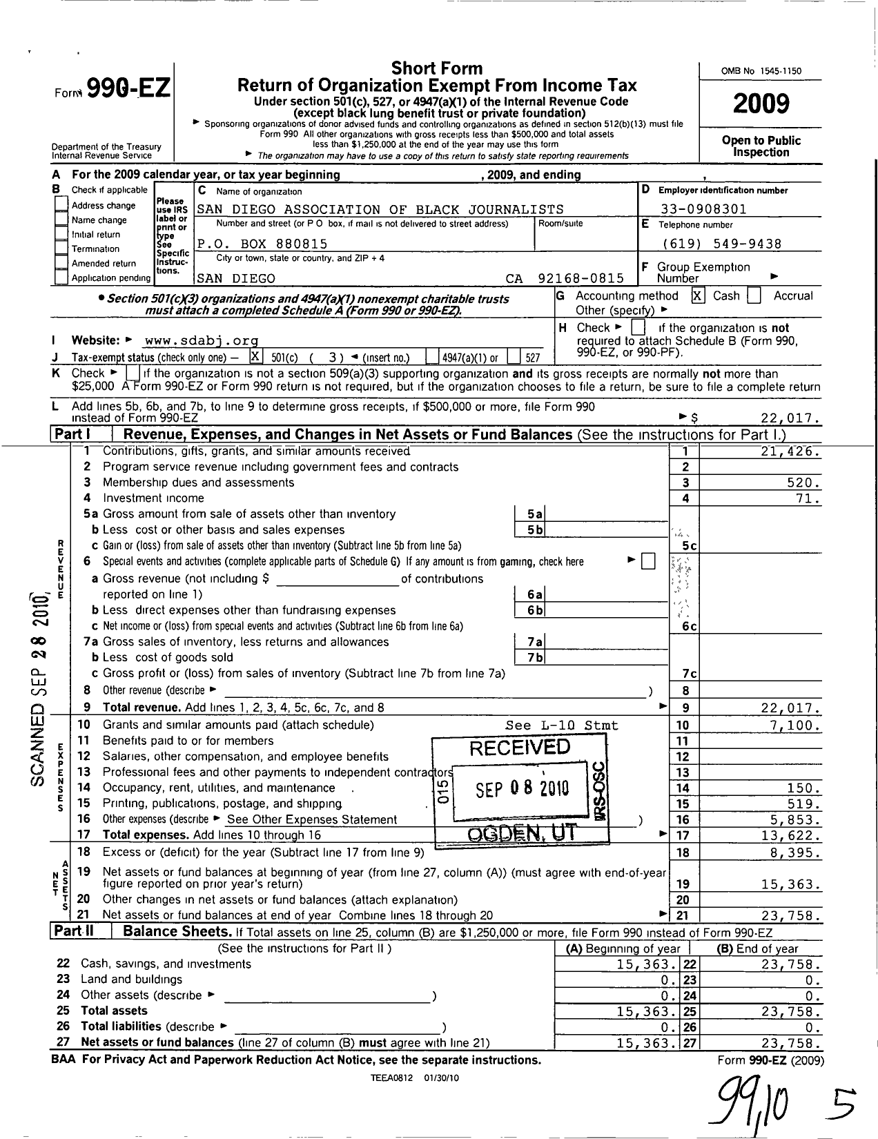 Image of first page of 2009 Form 990EZ for San Diego Association of Black Journalist