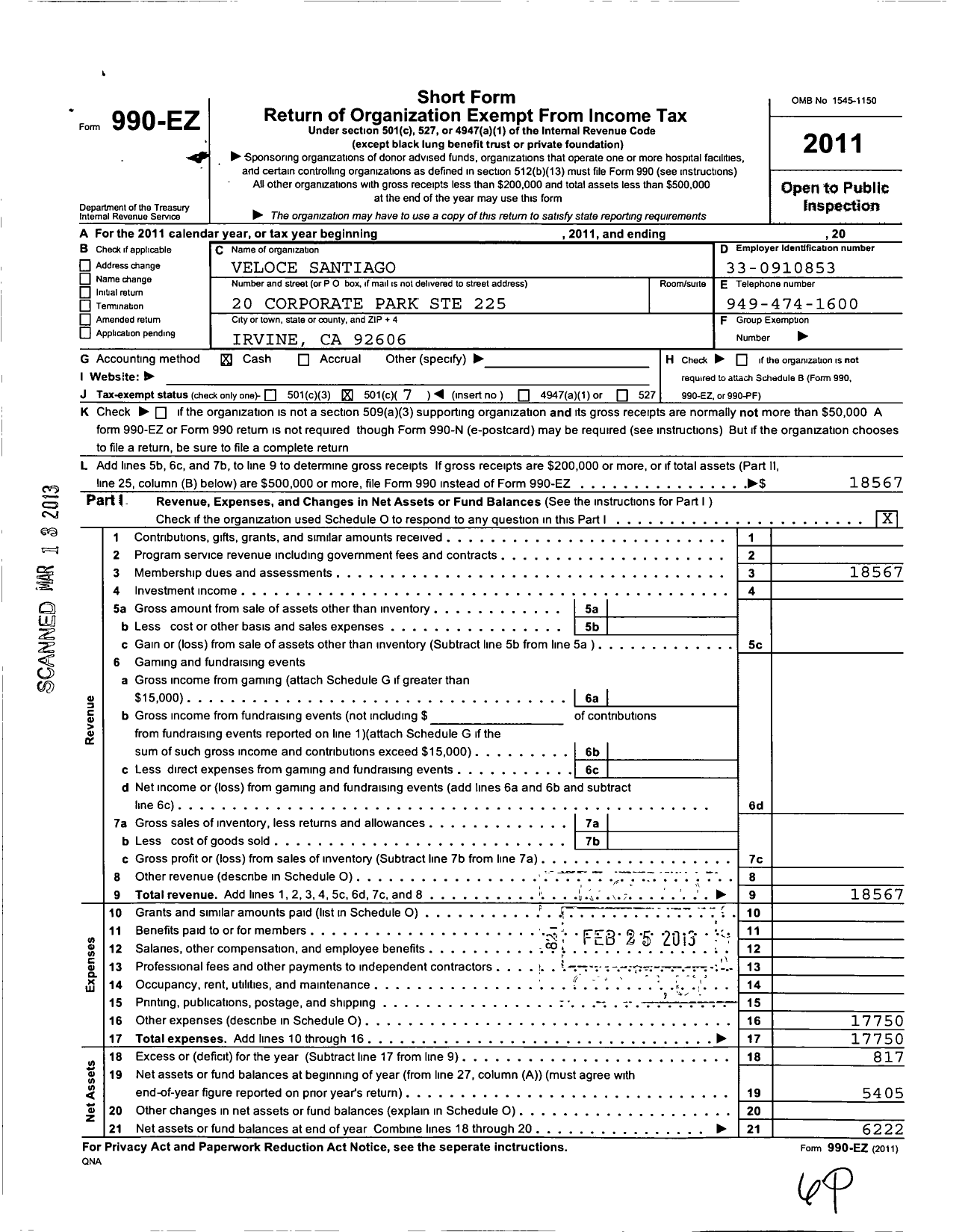 Image of first page of 2011 Form 990EO for Veloce Santiago