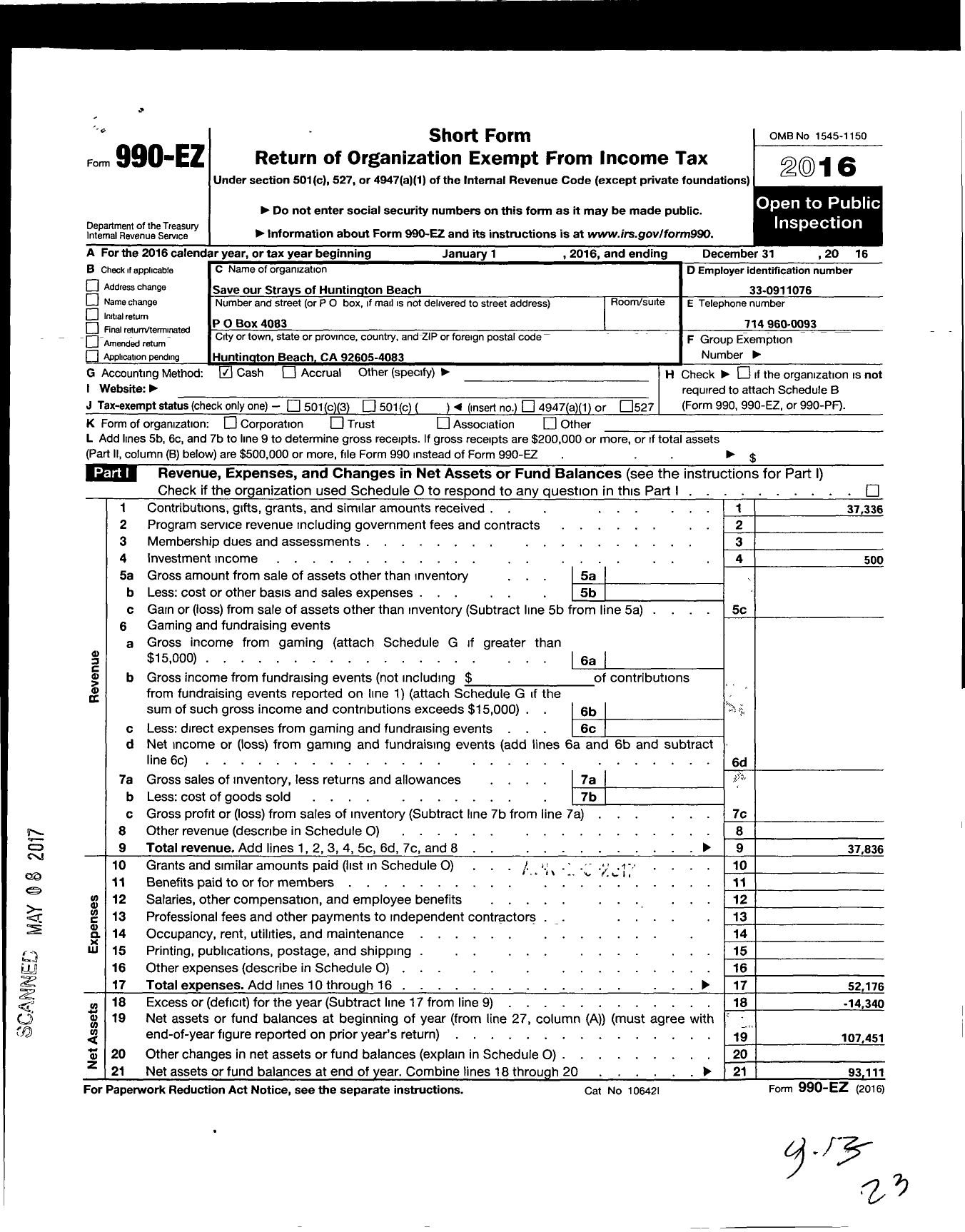 Image of first page of 2016 Form 990EO for Save Our Strays of Huntington Beach