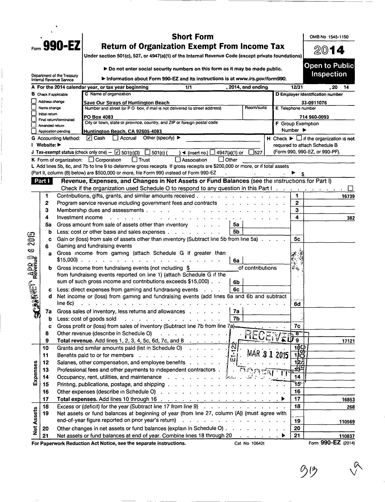 Image of first page of 2014 Form 990EZ for Save Our Strays of Huntington Beach