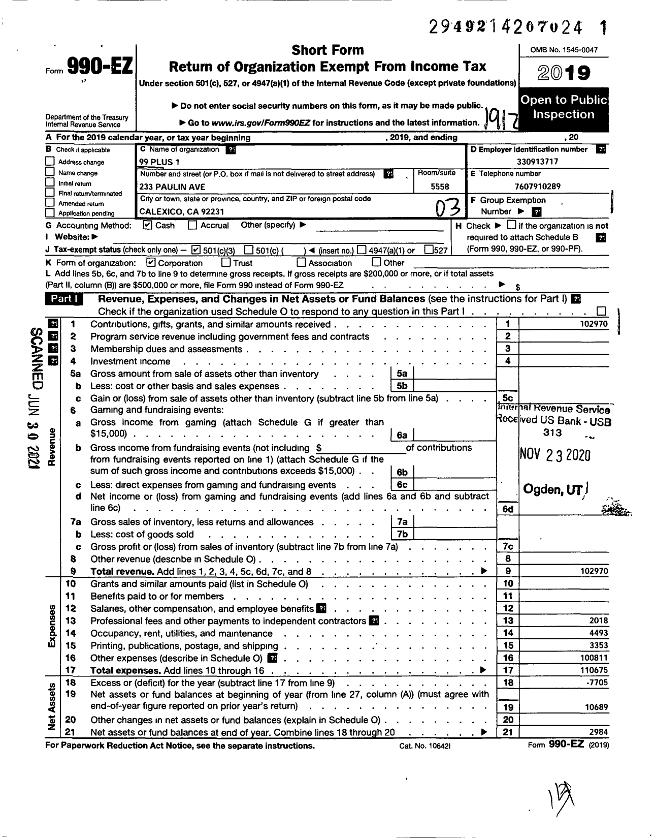 Image of first page of 2019 Form 990EZ for 99 Plus 1