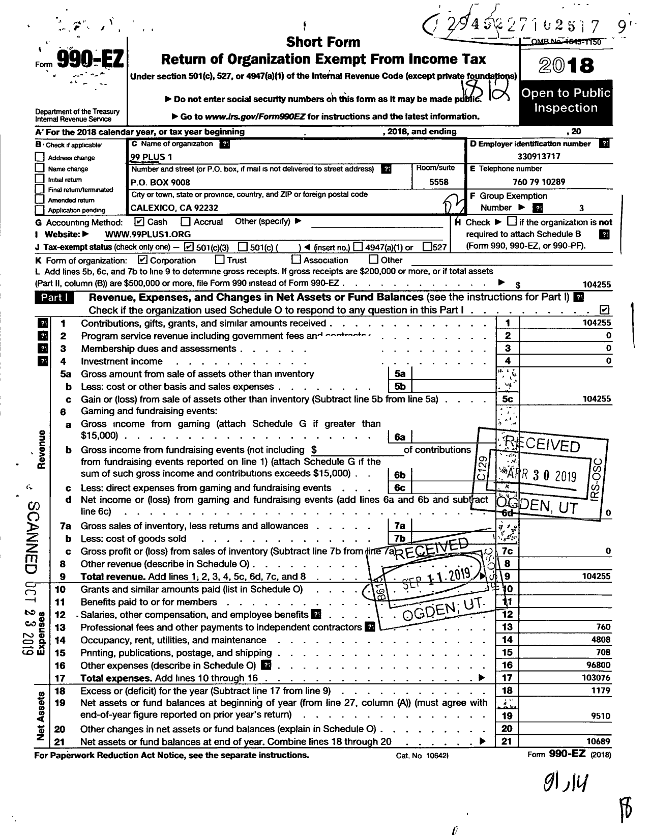 Image of first page of 2018 Form 990EZ for 99 Plus 1