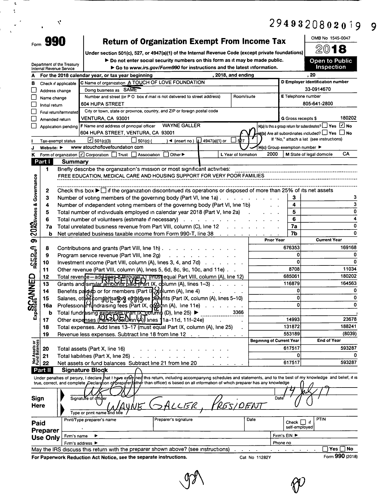 Image of first page of 2018 Form 990 for A Touch of Love Foundation