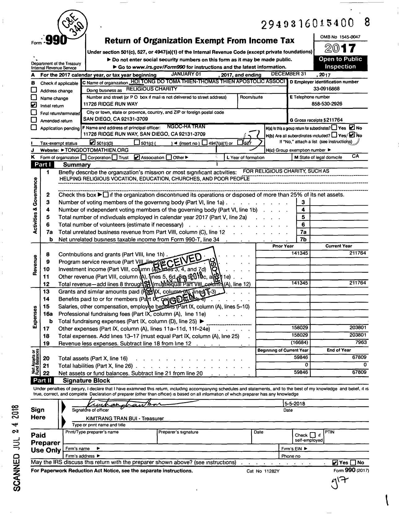 Image of first page of 2017 Form 990 for Hoi Tong Do Toma Thien-Thomas Thien Apostolic Association