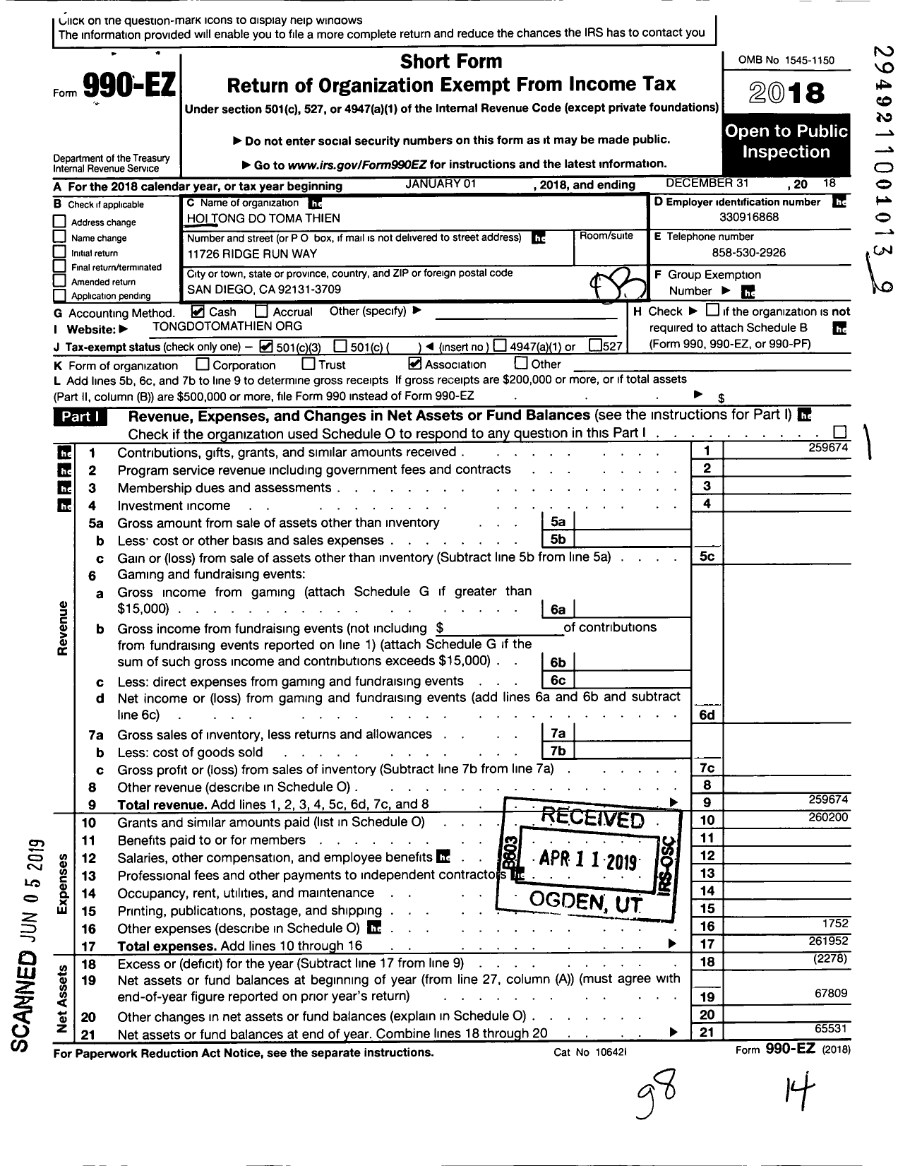 Image of first page of 2018 Form 990EZ for Hoi Tong Do Toma Thien-Thomas Thien Apostolic Association