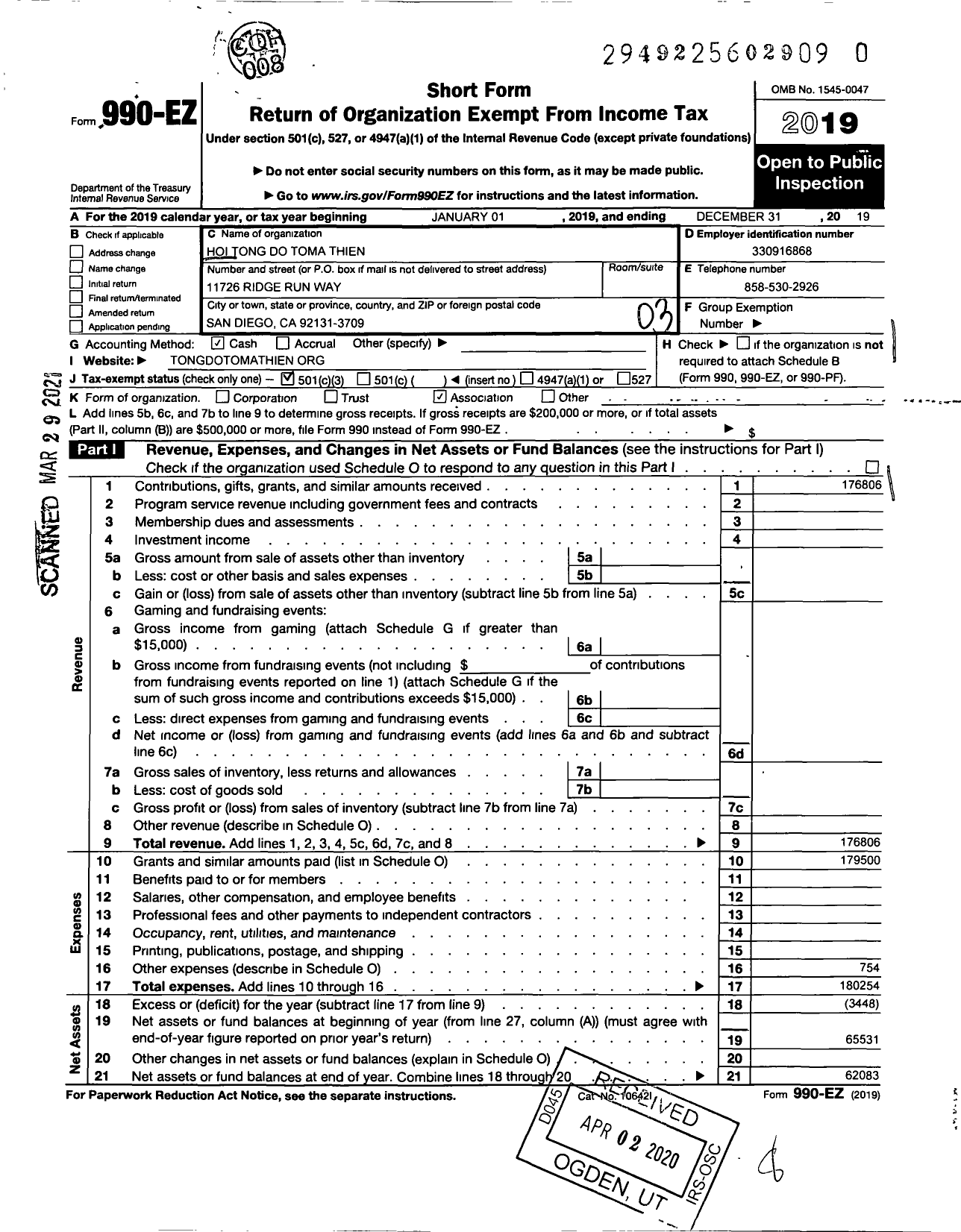Image of first page of 2019 Form 990EZ for Hoi Tong Do Toma Thien-Thomas Thien Apostolic Association