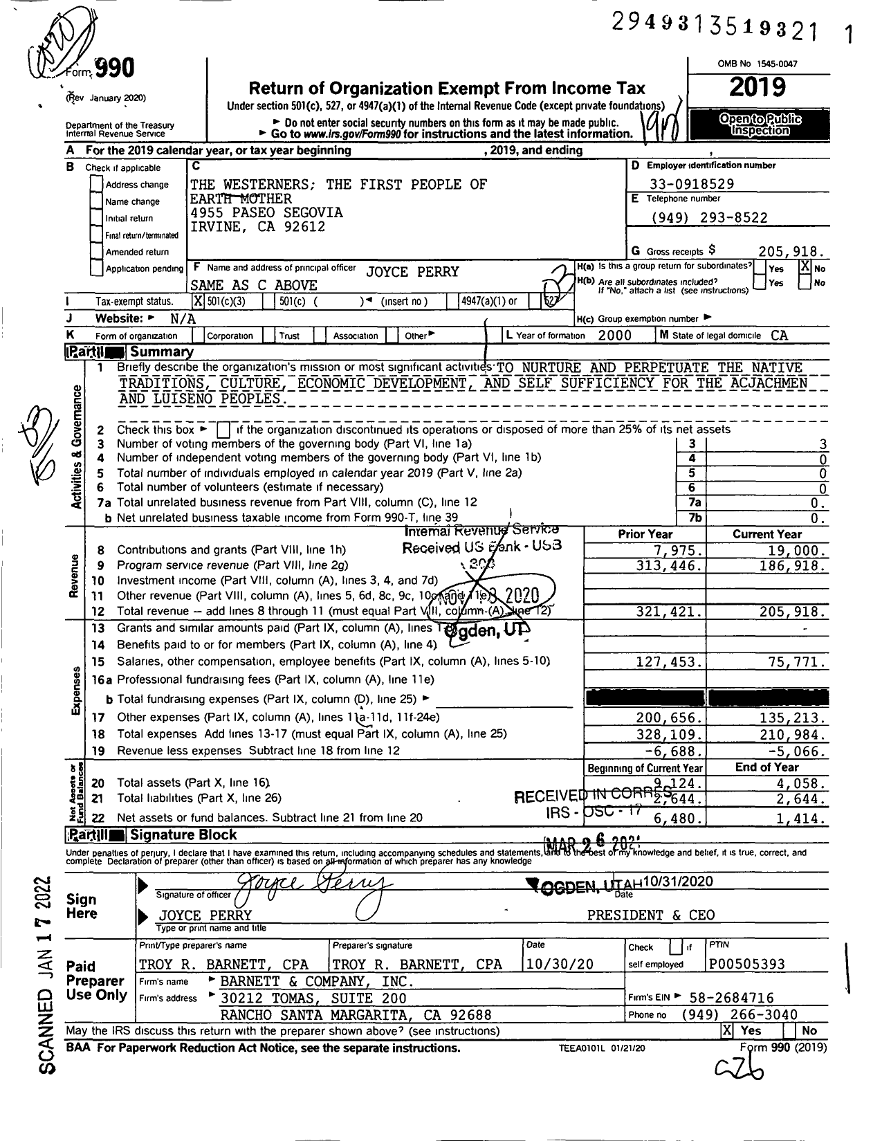 Image of first page of 2019 Form 990 for The Westerners the First People of Earth Mother