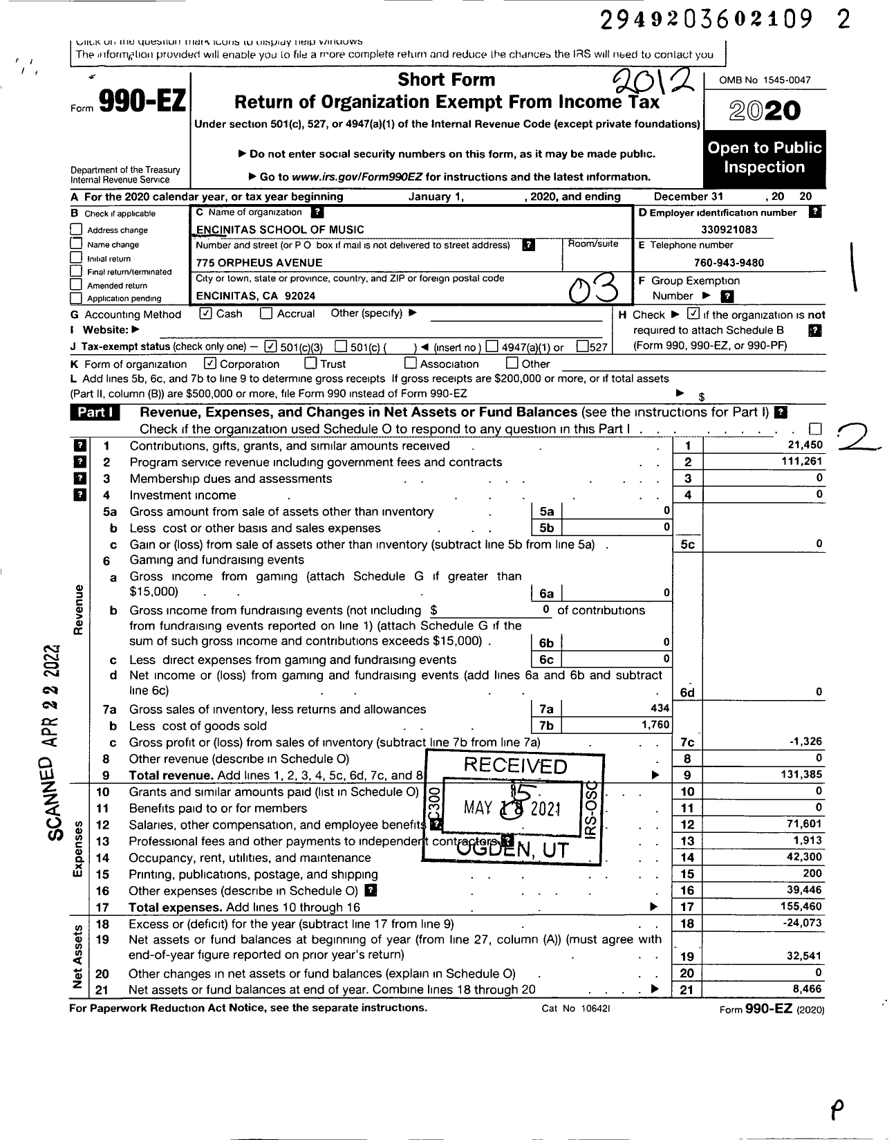 Image of first page of 2020 Form 990EZ for Encinitas School of Music