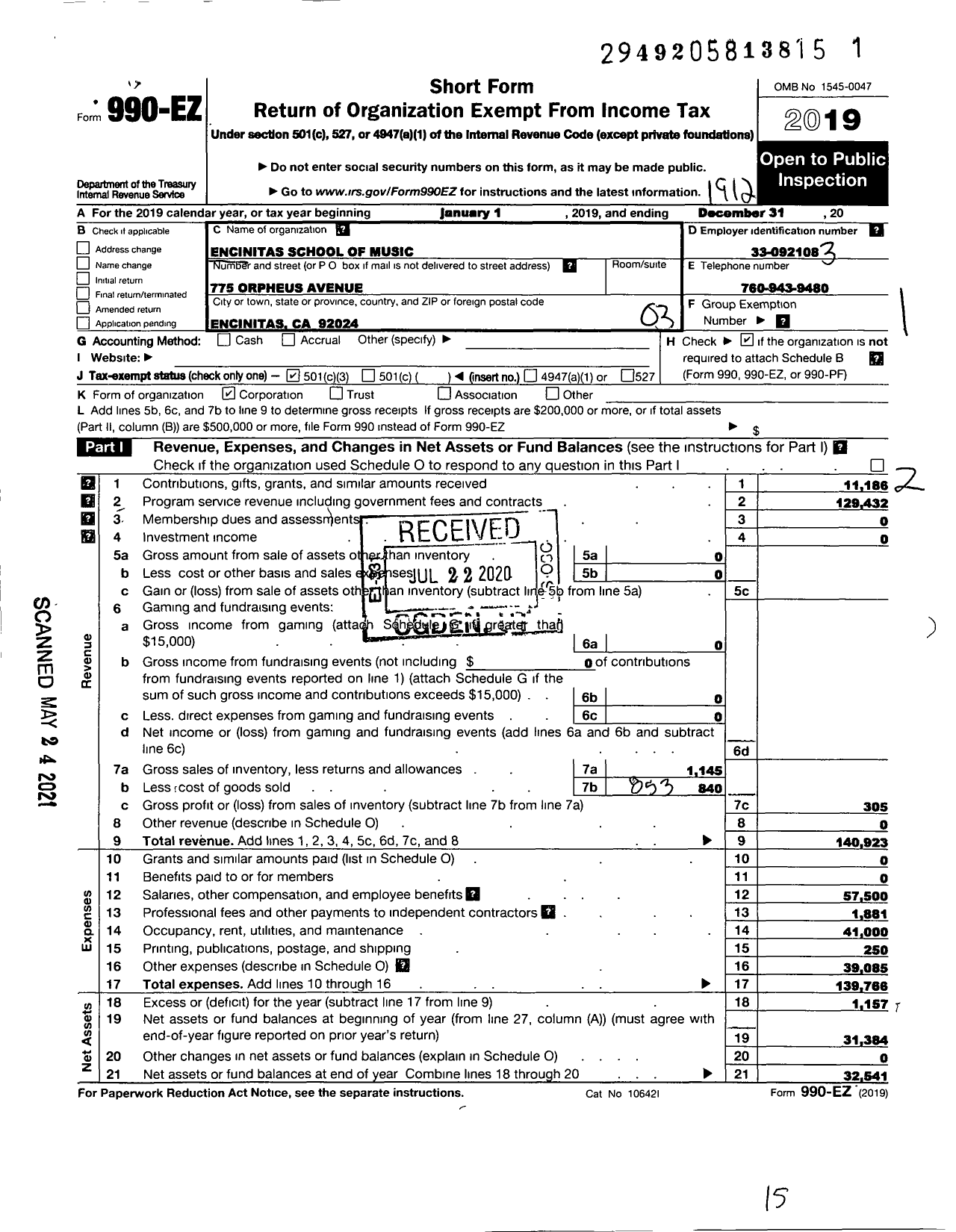 Image of first page of 2019 Form 990EZ for Encinitas School of Music