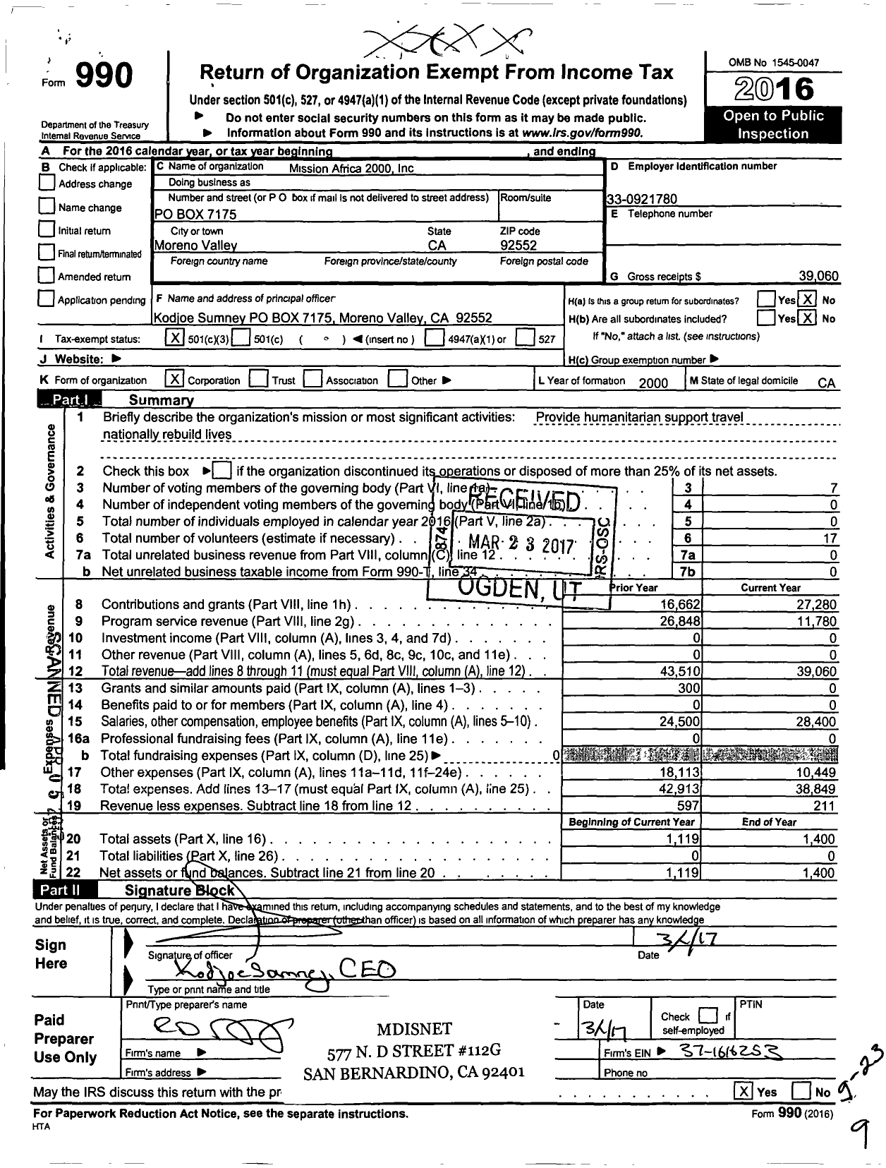 Image of first page of 2016 Form 990 for Mission Africa 2000