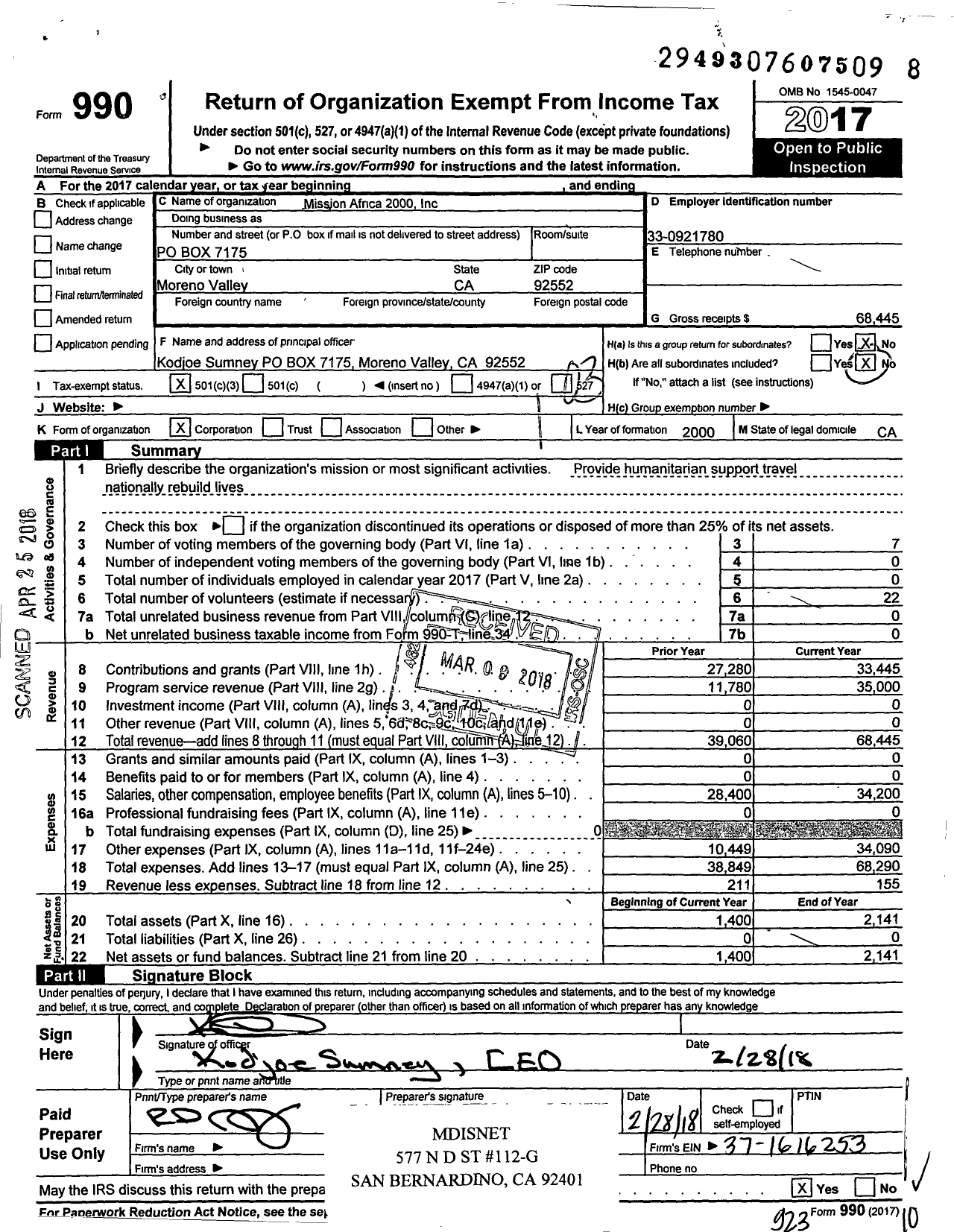 Image of first page of 2017 Form 990 for Mission Africa 2000