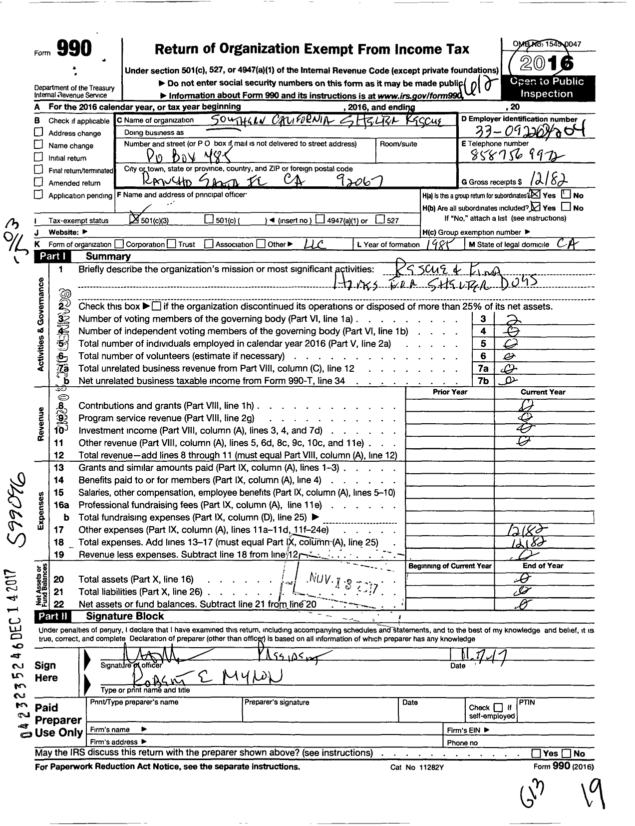 Image of first page of 2016 Form 990 for Southern California Shelter Rescue