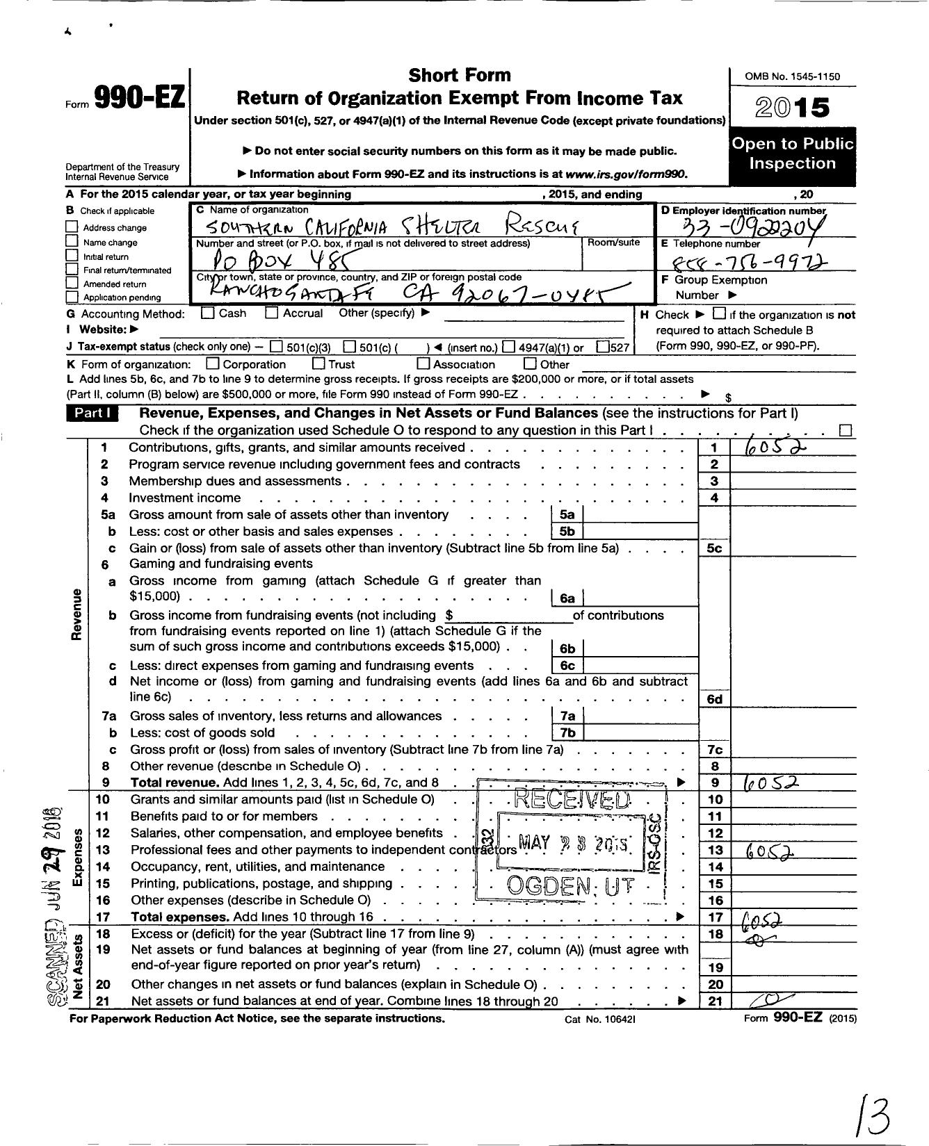 Image of first page of 2015 Form 990EO for Southern California Shelter Rescue