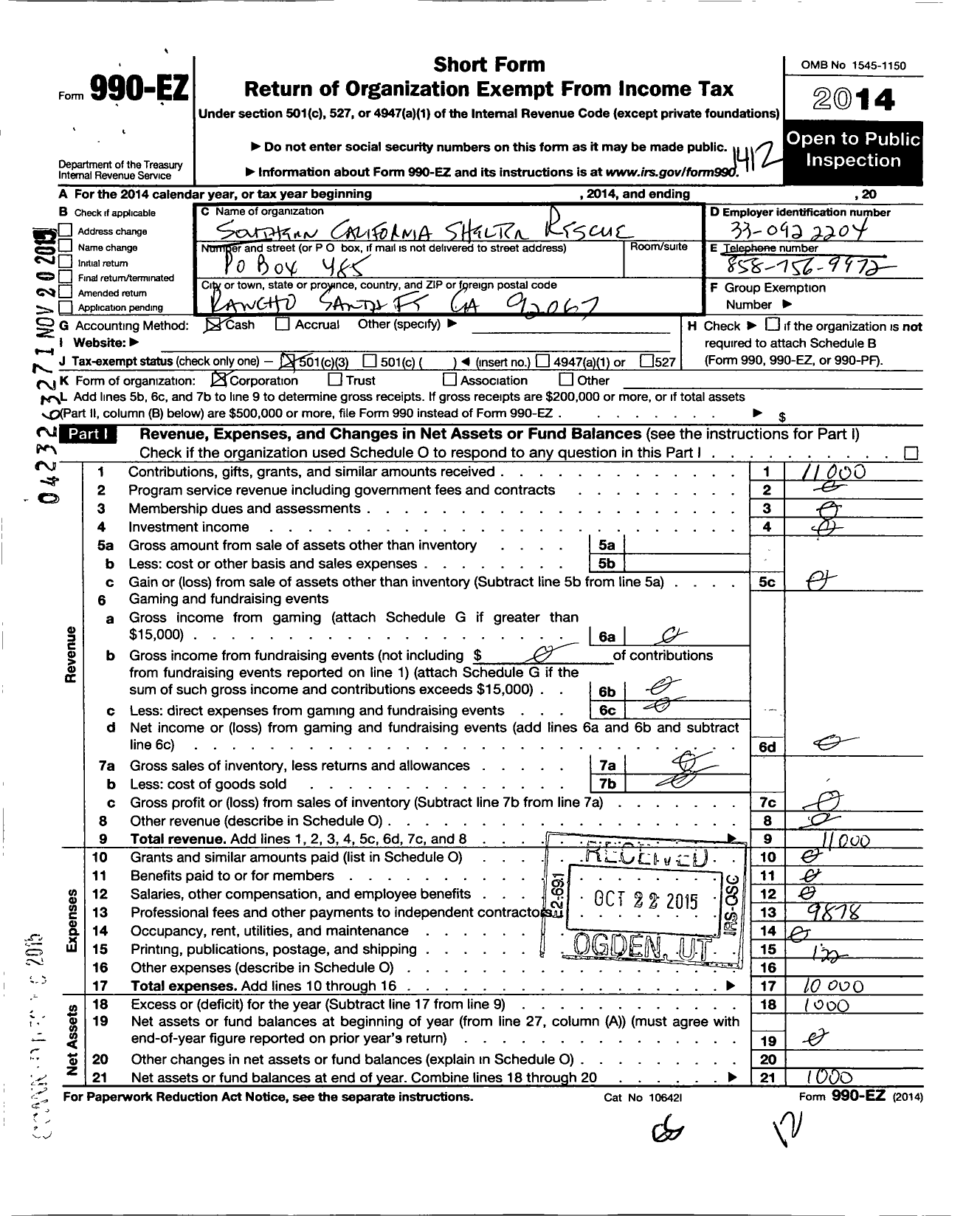 Image of first page of 2014 Form 990EZ for Southern California Shelter Rescue