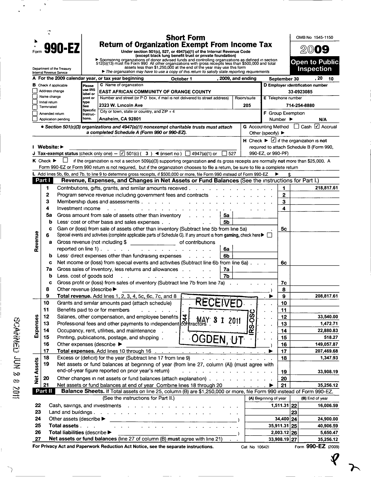 Image of first page of 2009 Form 990EZ for East African Community of Orange County