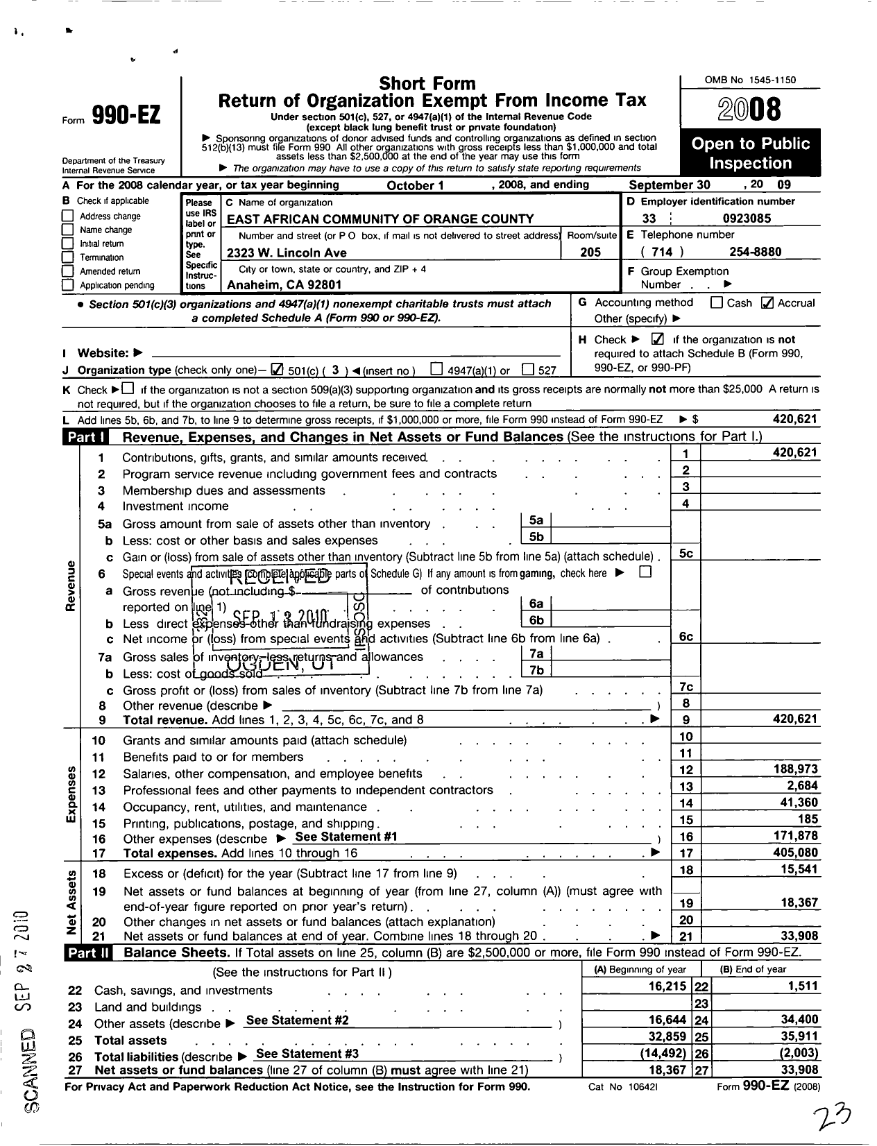 Image of first page of 2008 Form 990EZ for East African Community of Orange County